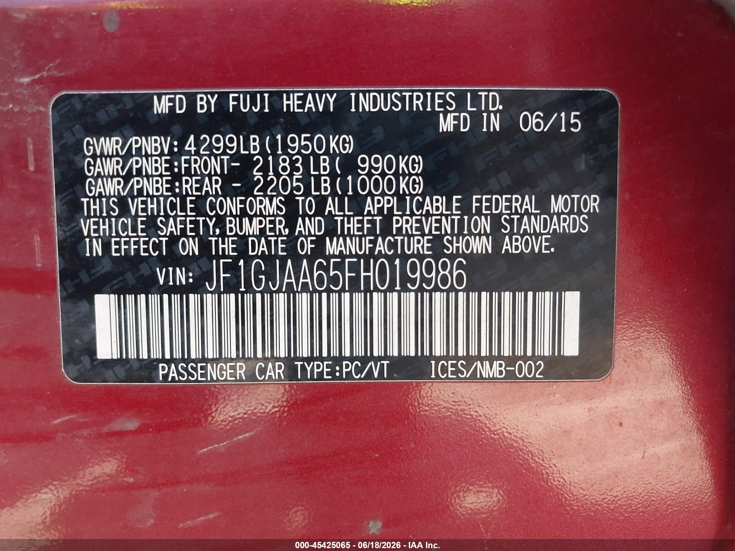 2015 Subaru Impreza 2.0i Maroon vin: JF1GJAA65FH019986