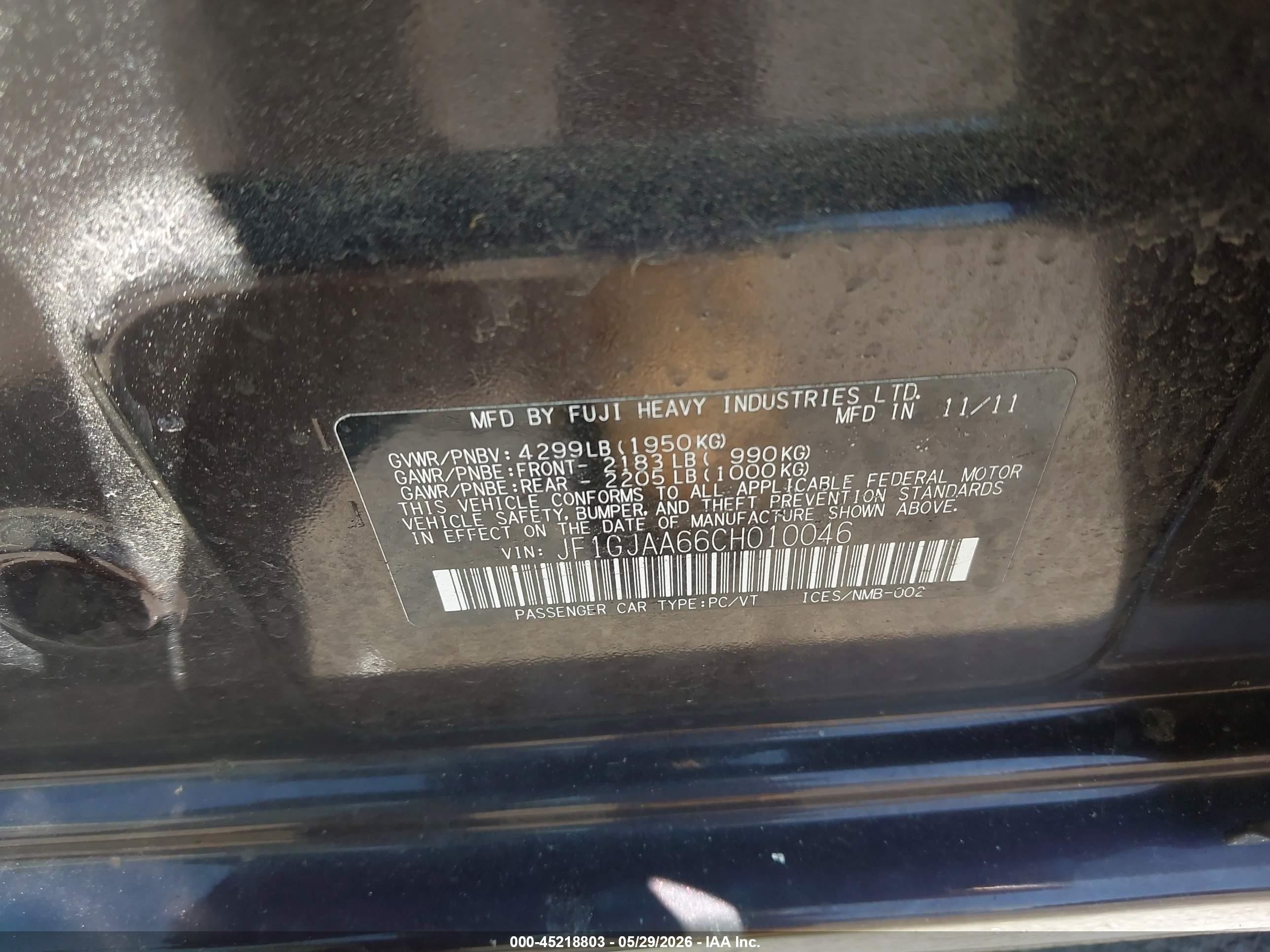 2012 Subaru Impreza 2.0i Burgundy vin: JF1GJAA66CH010046