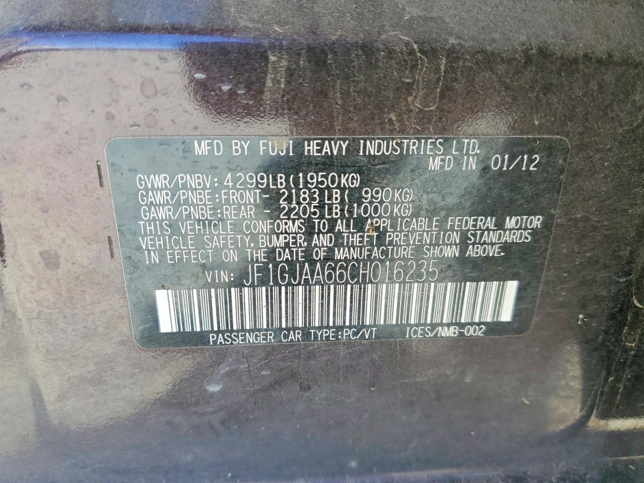 2012 Subaru Impreza Фиолетовый vin: JF1GJAA66CH016235
