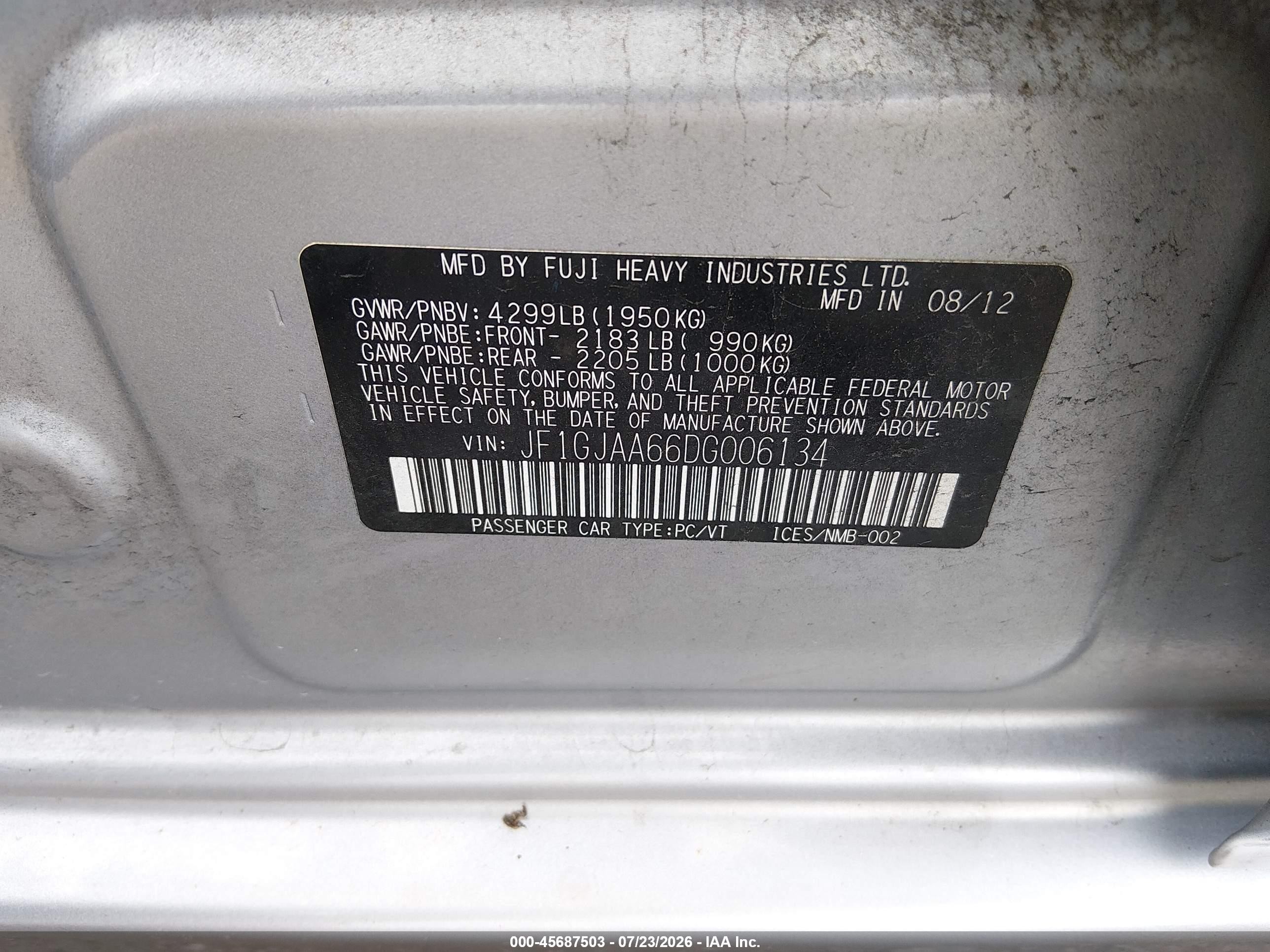 2013 Subaru Impreza 2.0i Silver vin: JF1GJAA66DG006134