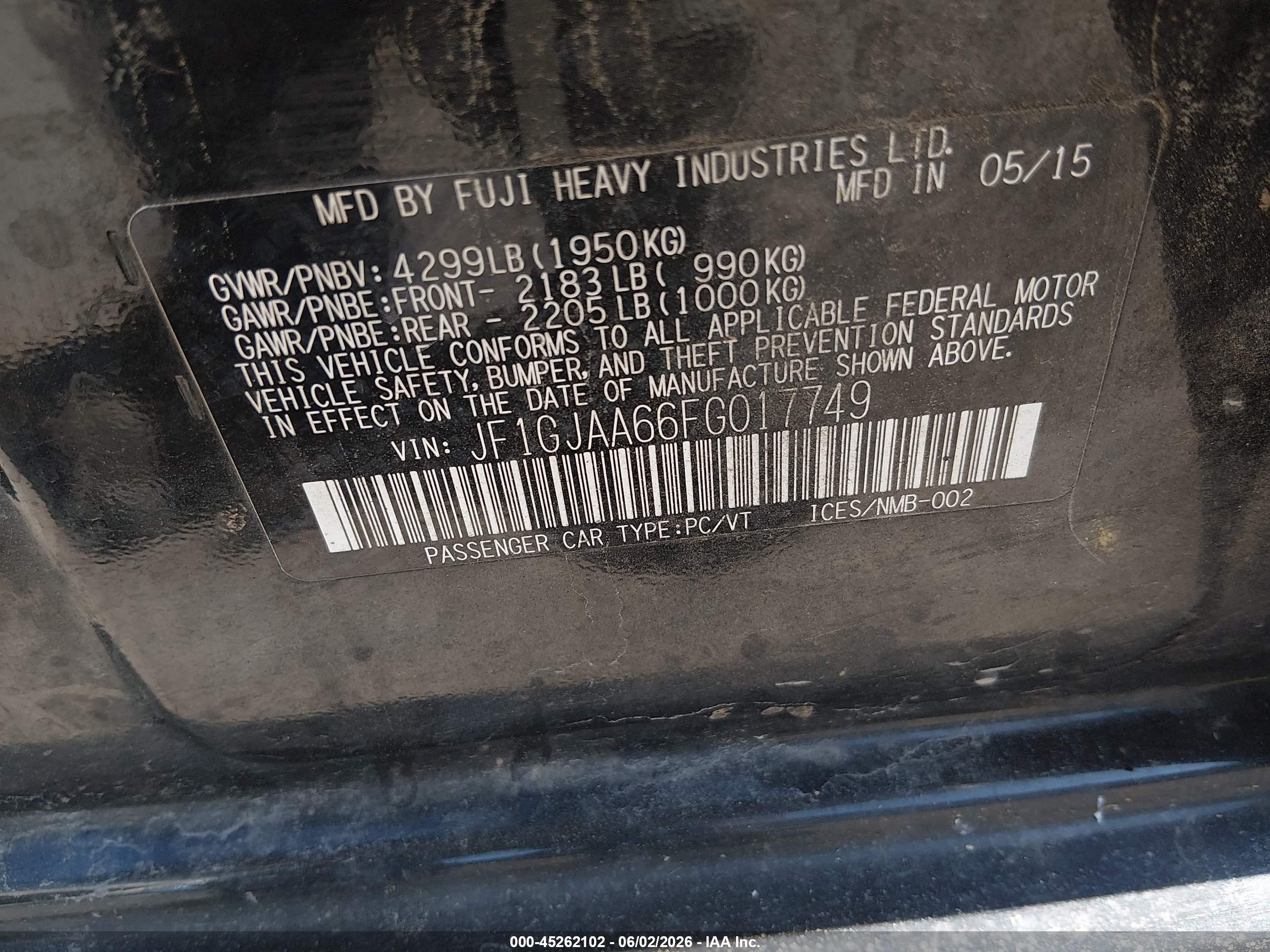 2015 Subaru Impreza 2.0i Black vin: JF1GJAA66FG017749