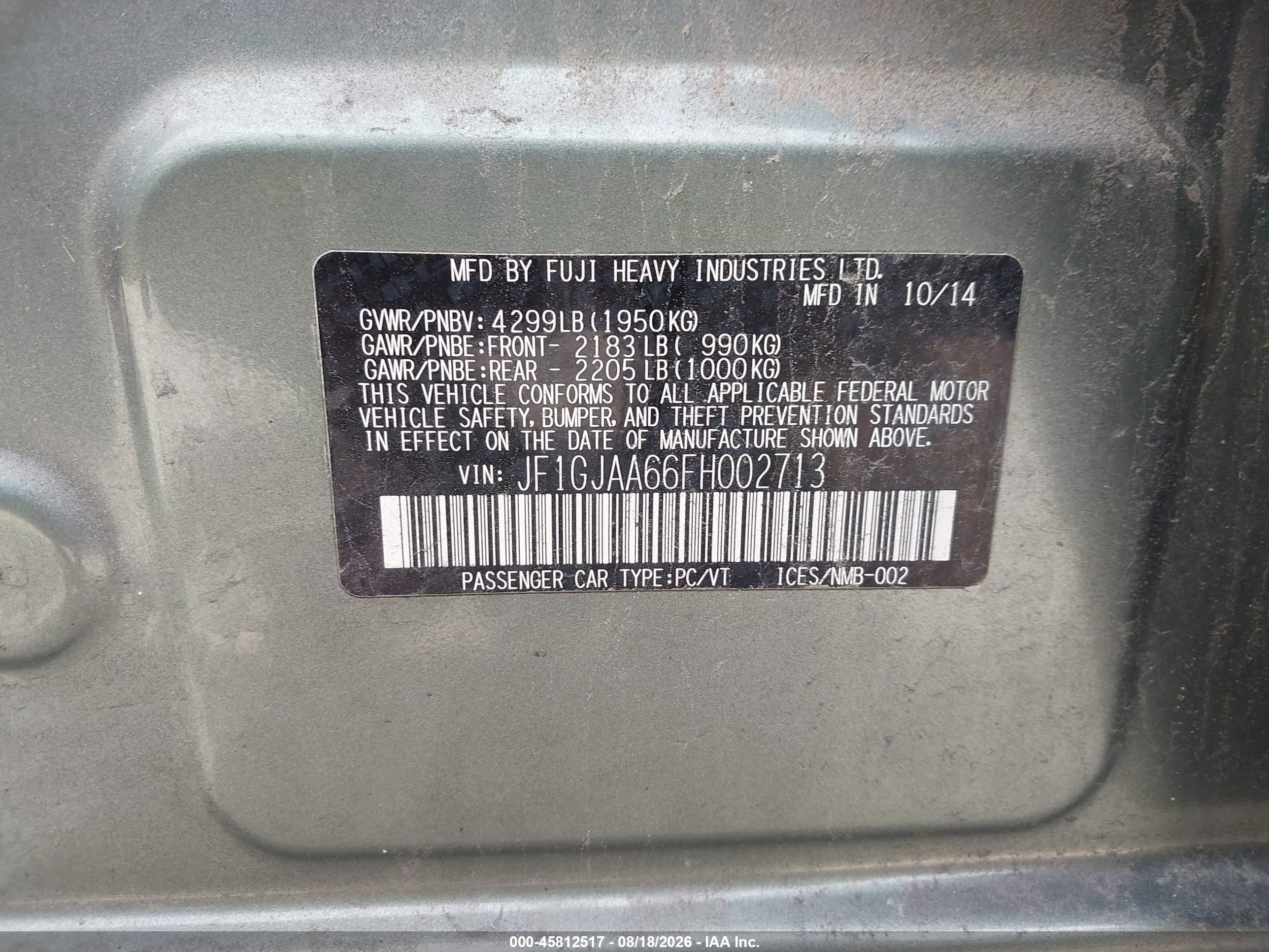 2015 Subaru Impreza 2.0i Green vin: JF1GJAA66FH002713