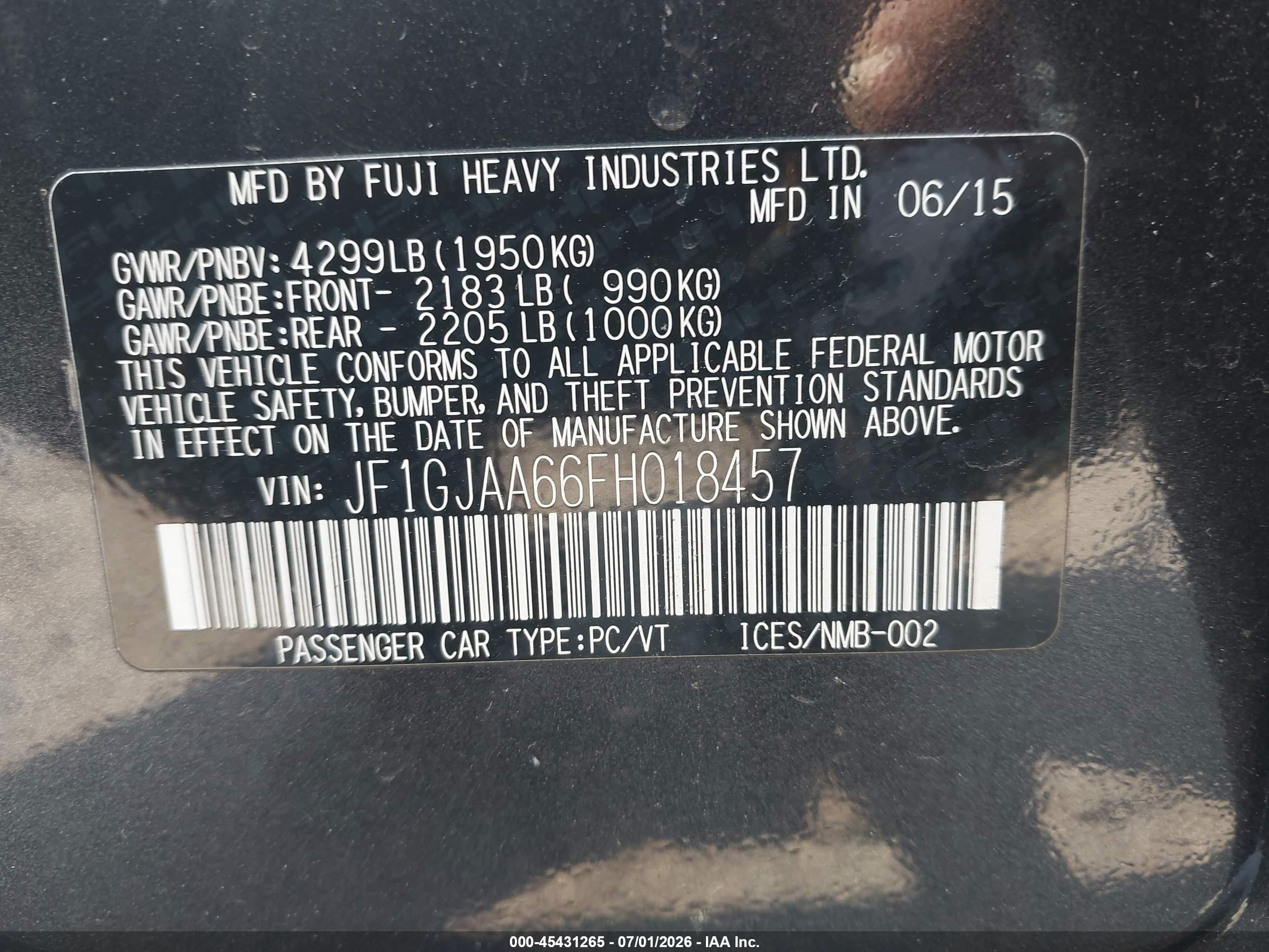 2015 Subaru Impreza 2.0i Black vin: JF1GJAA66FH018457