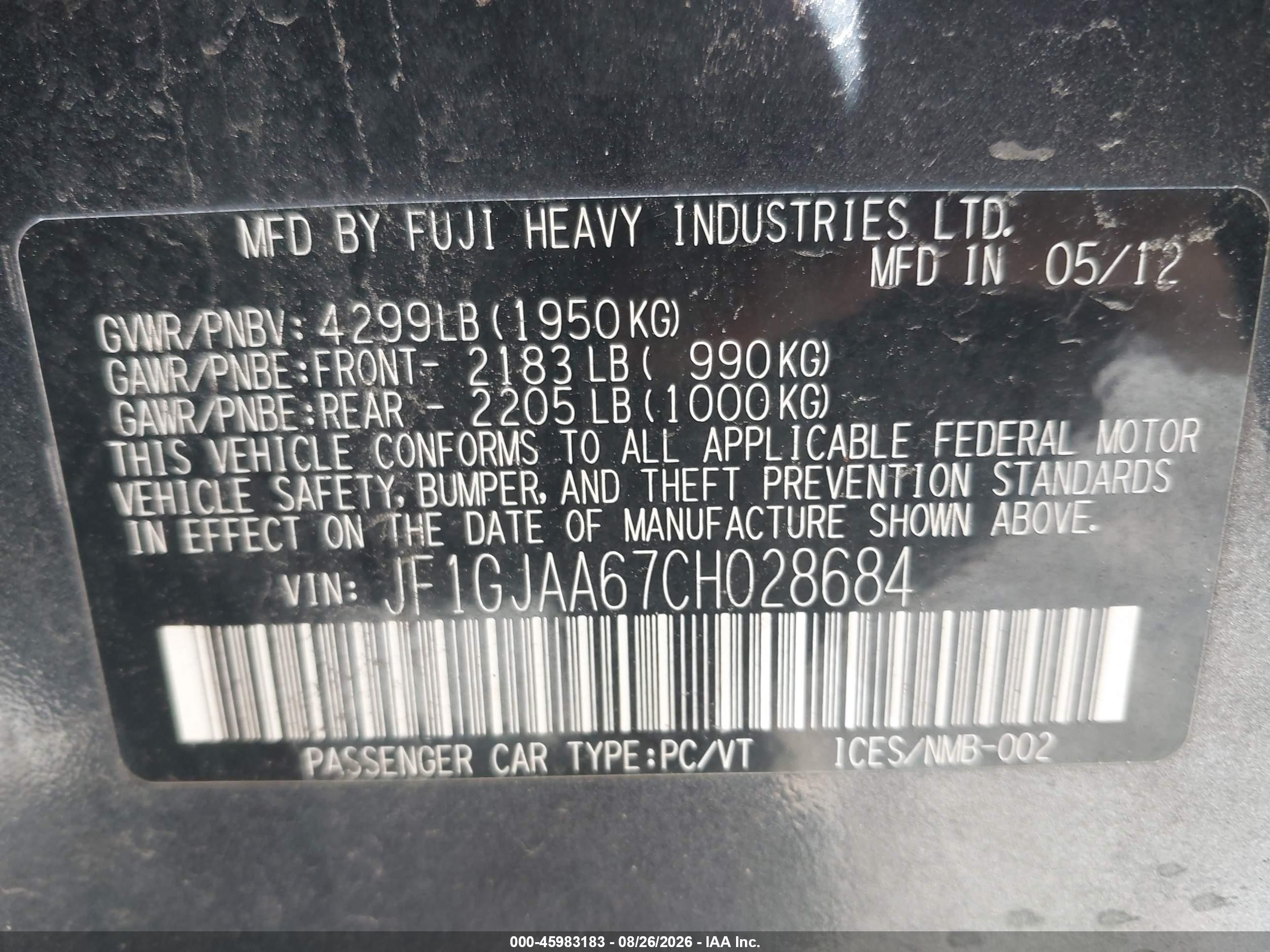 2012 Subaru Impreza 2.0i Gray vin: JF1GJAA67CH028684