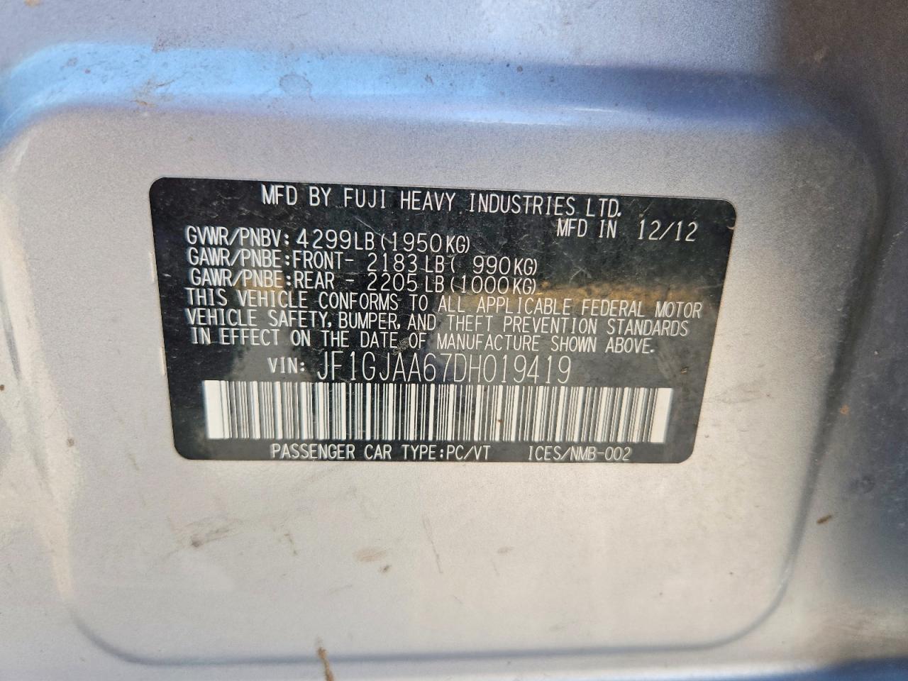 2013 Subaru Impreza Silver vin: JF1GJAA67DH019419