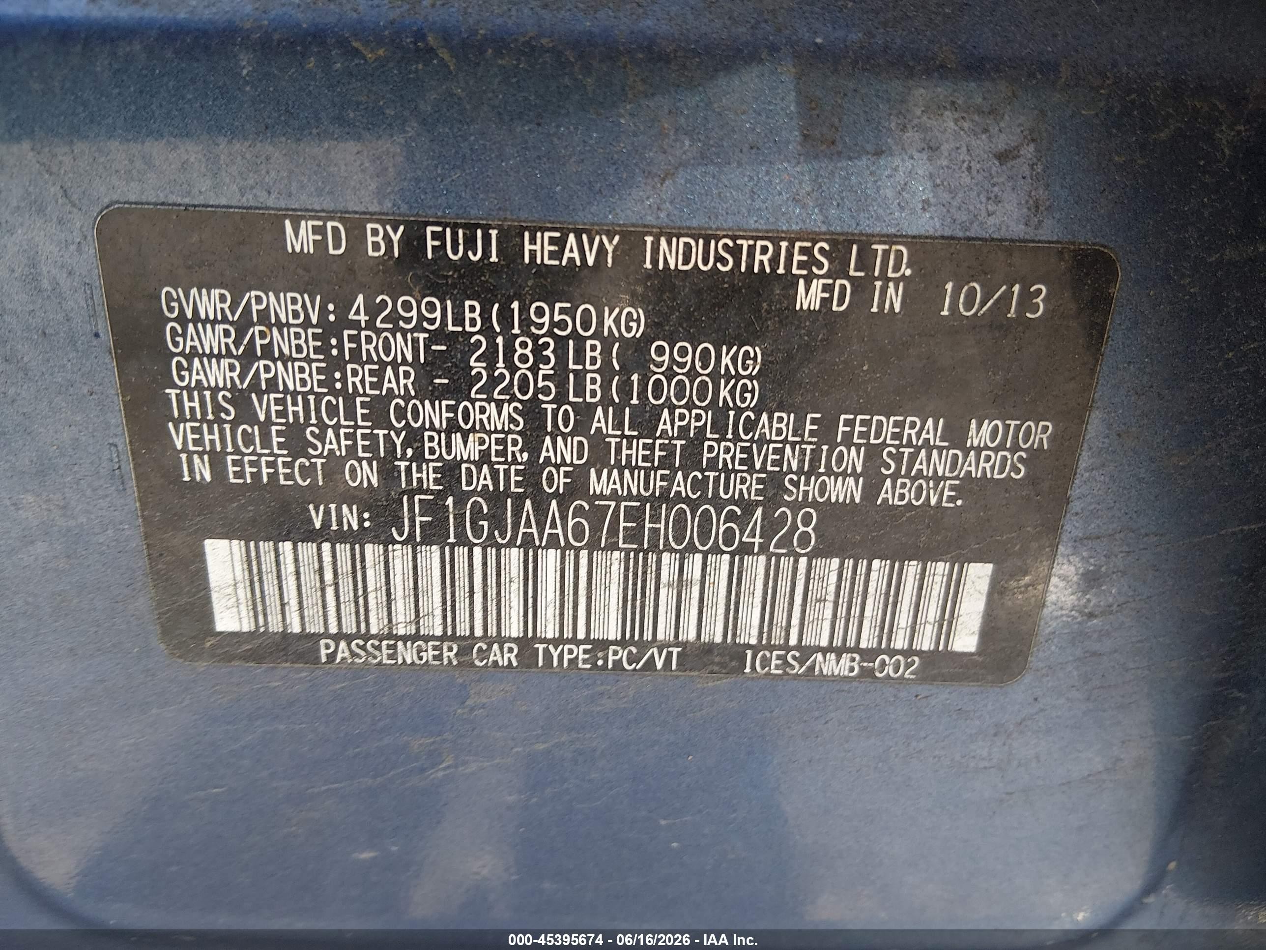 2014 Subaru Impreza 2.0i Blue vin: JF1GJAA67EH006428
