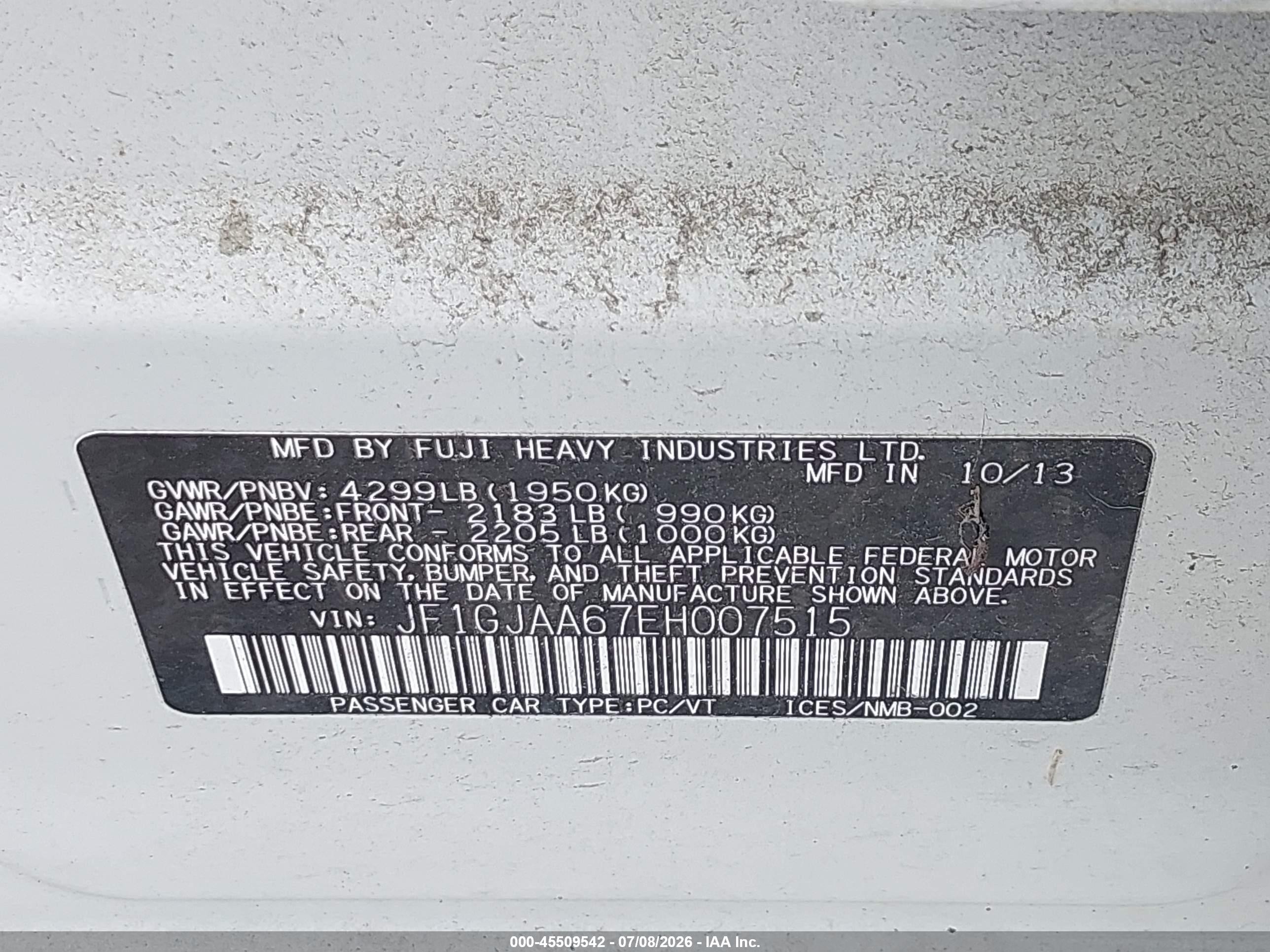 2014 Subaru Impreza 2.0i White vin: JF1GJAA67EH007515