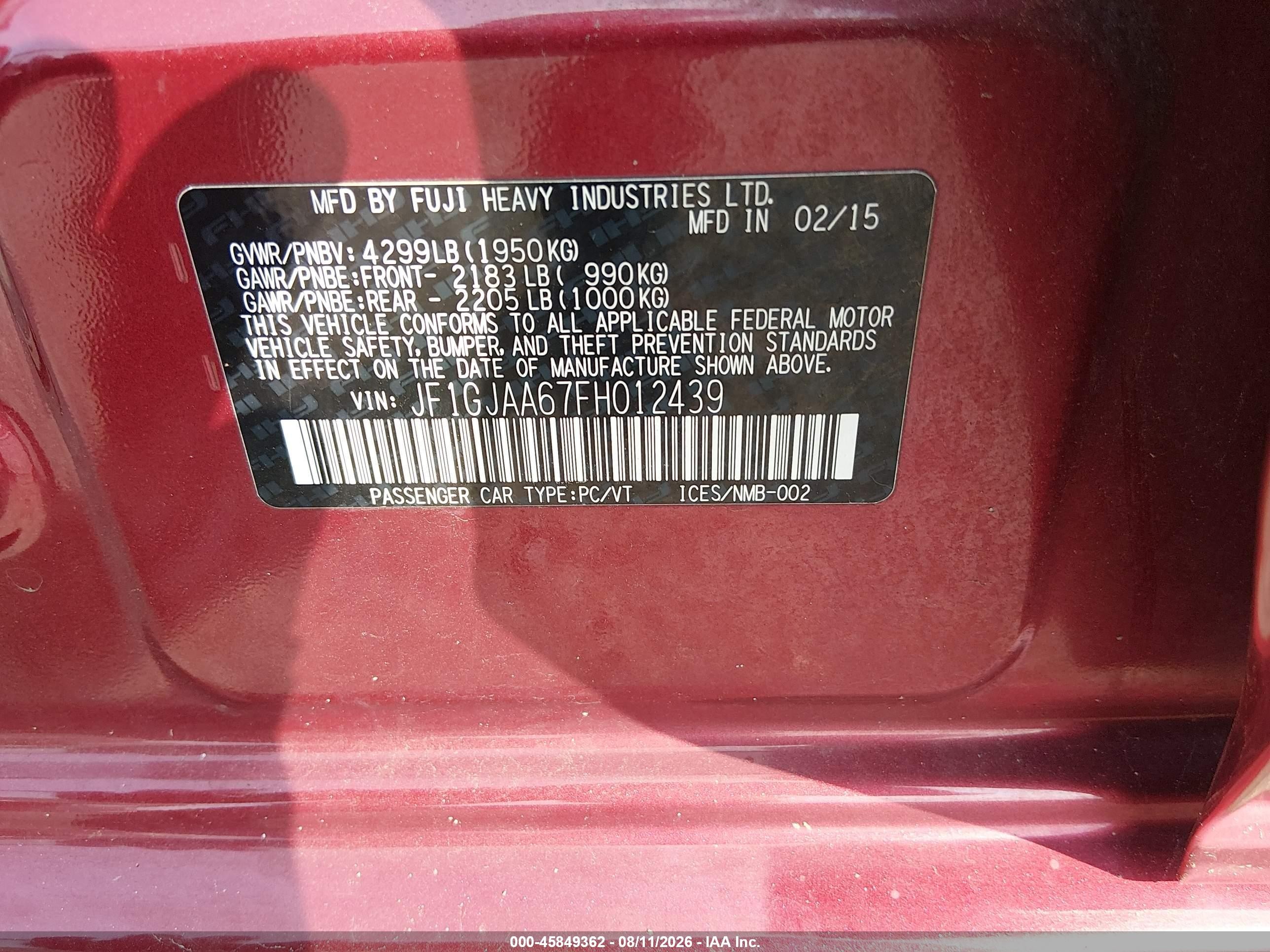 2015 Subaru Impreza 2.0i Burgundy vin: JF1GJAA67FH012439