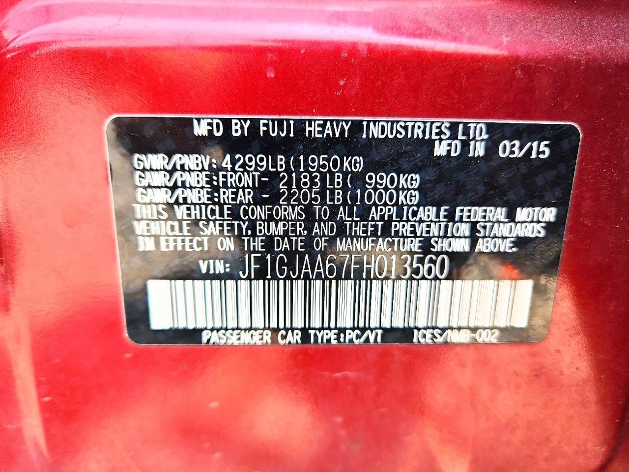 2015 Subaru Impreza Red vin: JF1GJAA67FH013560