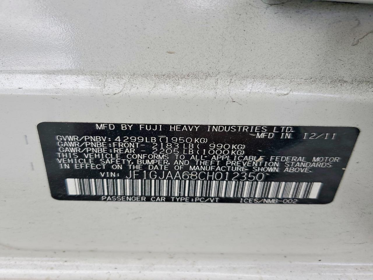 2012 Subaru Impreza Белый vin: JF1GJAA68CH012350