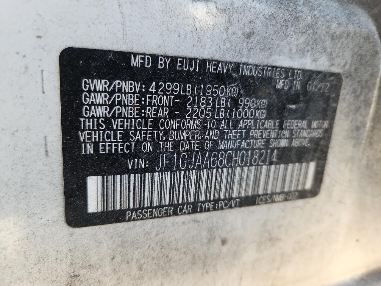 2012 Subaru Impreza White vin: JF1GJAA68CH018214