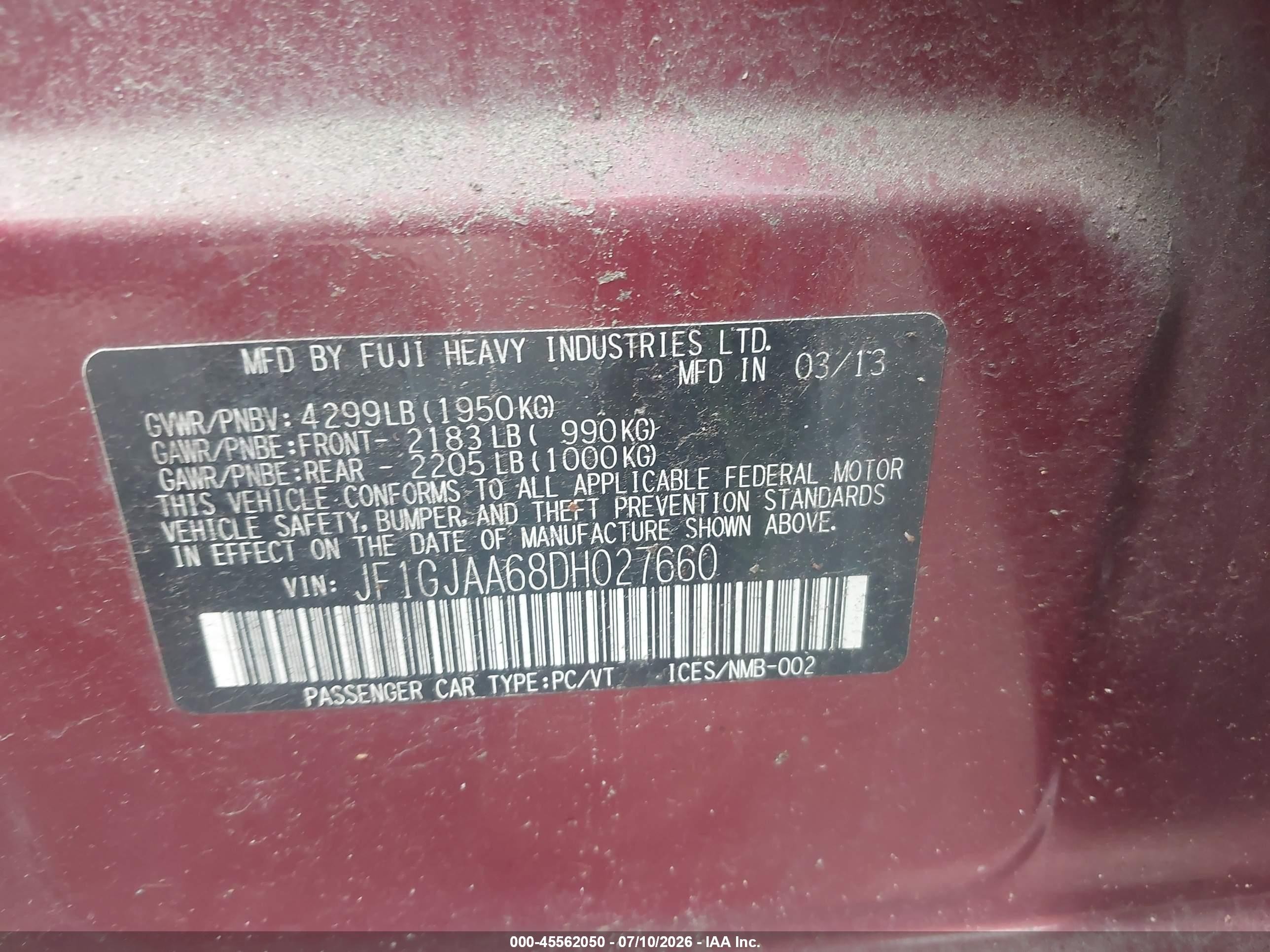 2013 Subaru Impreza 2.0i Red vin: JF1GJAA68DH027660