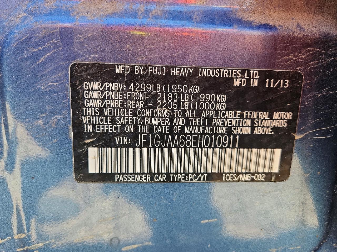 2014 Subaru Impreza Blue vin: JF1GJAA68EH010911