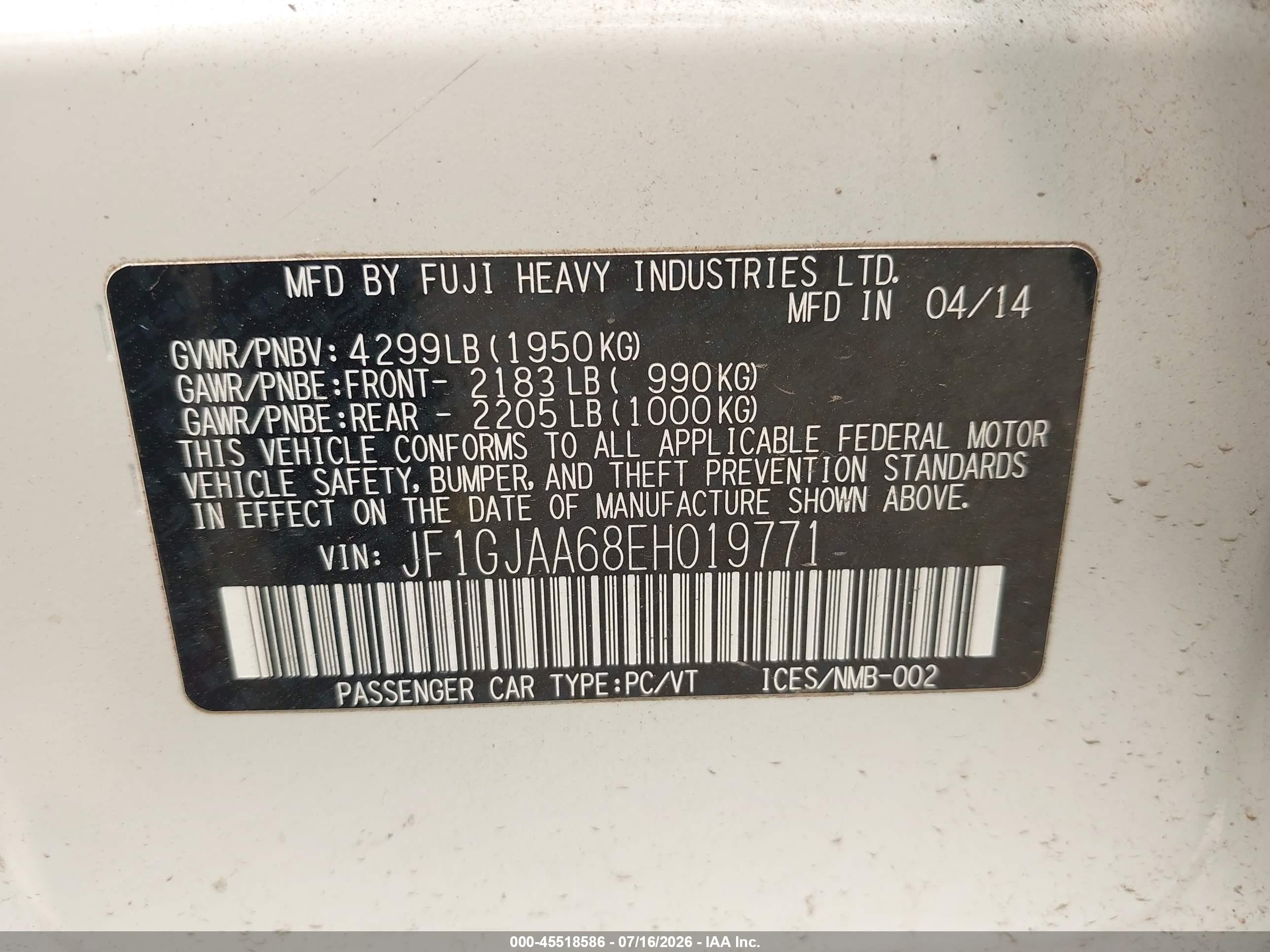 2014 Subaru Impreza 2.0i Белый vin: JF1GJAA68EH019771