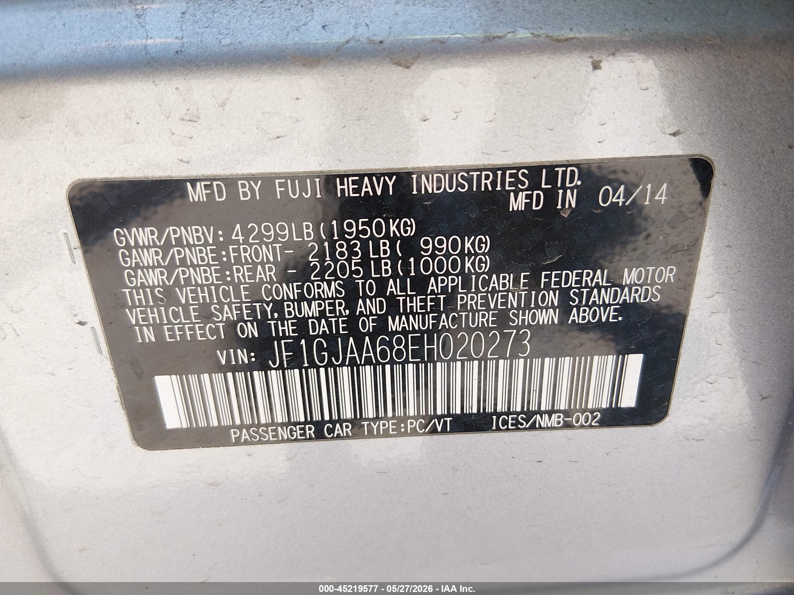 2014 Subaru Impreza 2.0i Silver vin: JF1GJAA68EH020273
