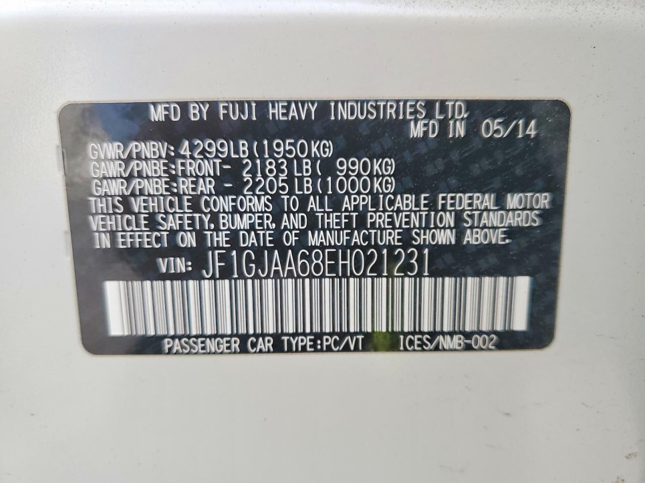 2014 Subaru Impreza White vin: JF1GJAA68EH021231