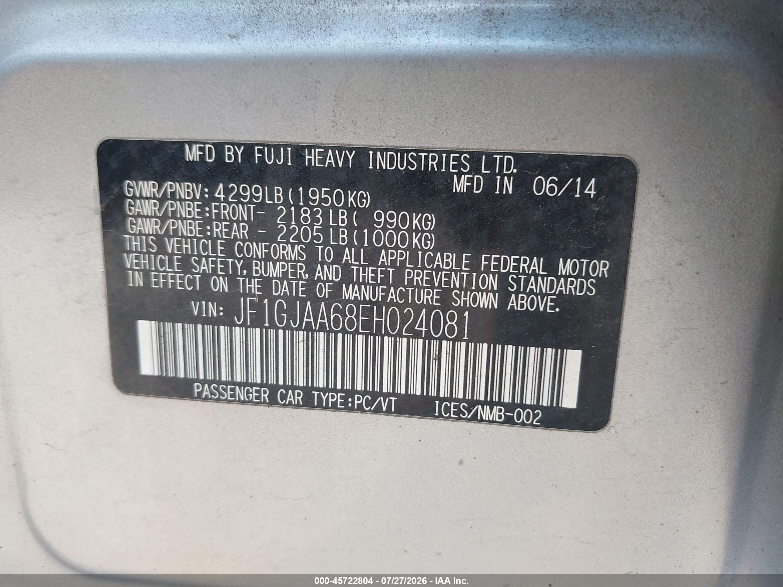 2014 Subaru Impreza 2.0i Silver vin: JF1GJAA68EH024081
