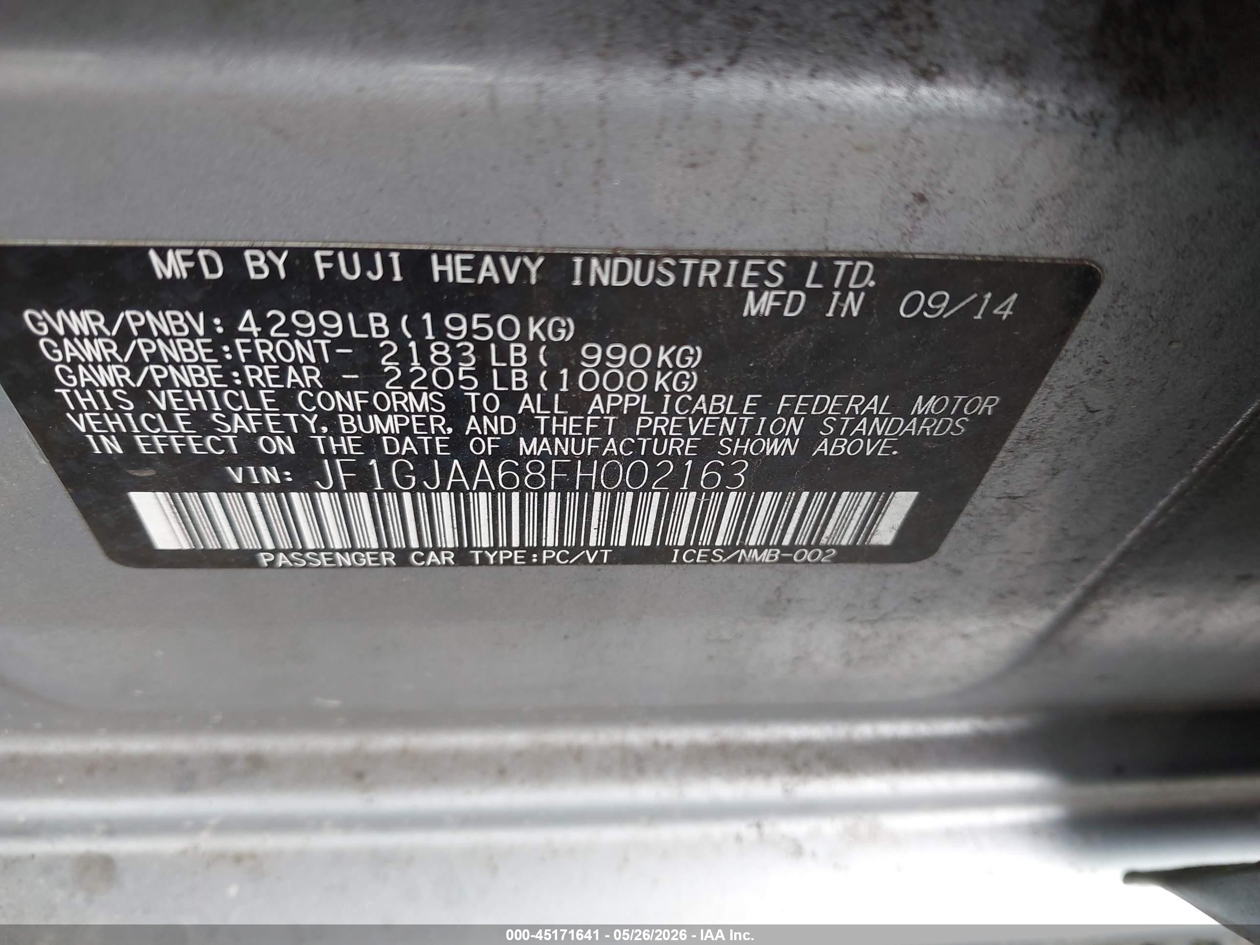 2015 Subaru Impreza 2.0i Silver vin: JF1GJAA68FH002163