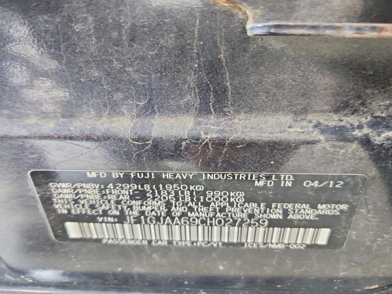 2012 Subaru Impreza Charcoal vin: JF1GJAA69CH027259