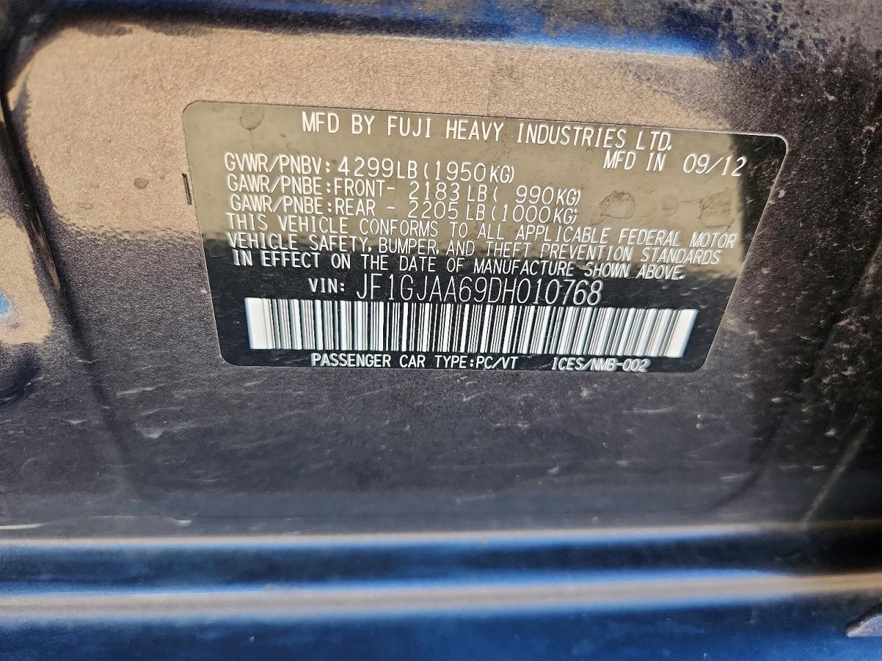 2013 Subaru Impreza Blue vin: JF1GJAA69DH010768