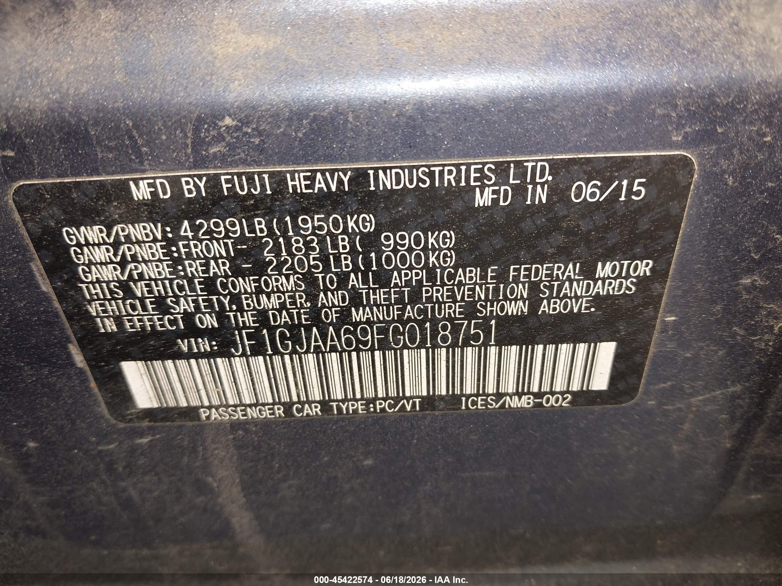 2015 Subaru Impreza 2.0i Blue vin: JF1GJAA69FG018751