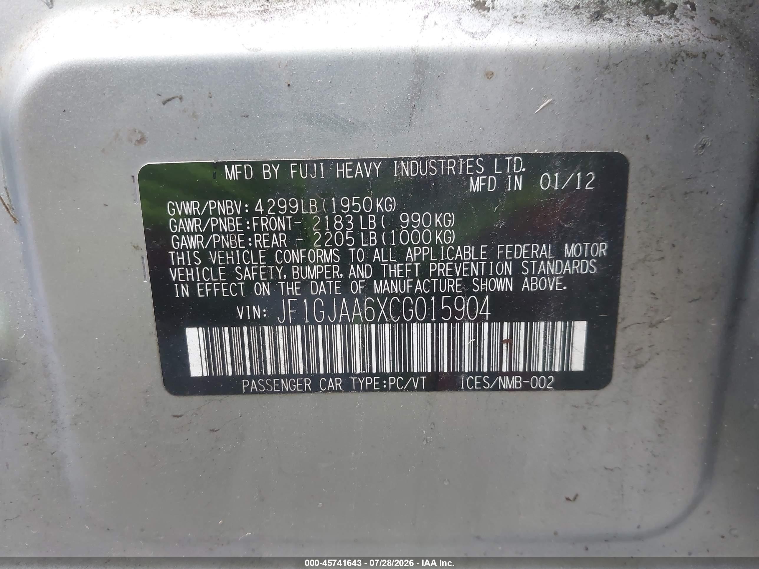 2012 Subaru Impreza 2.0i Silver vin: JF1GJAA6XCG015904