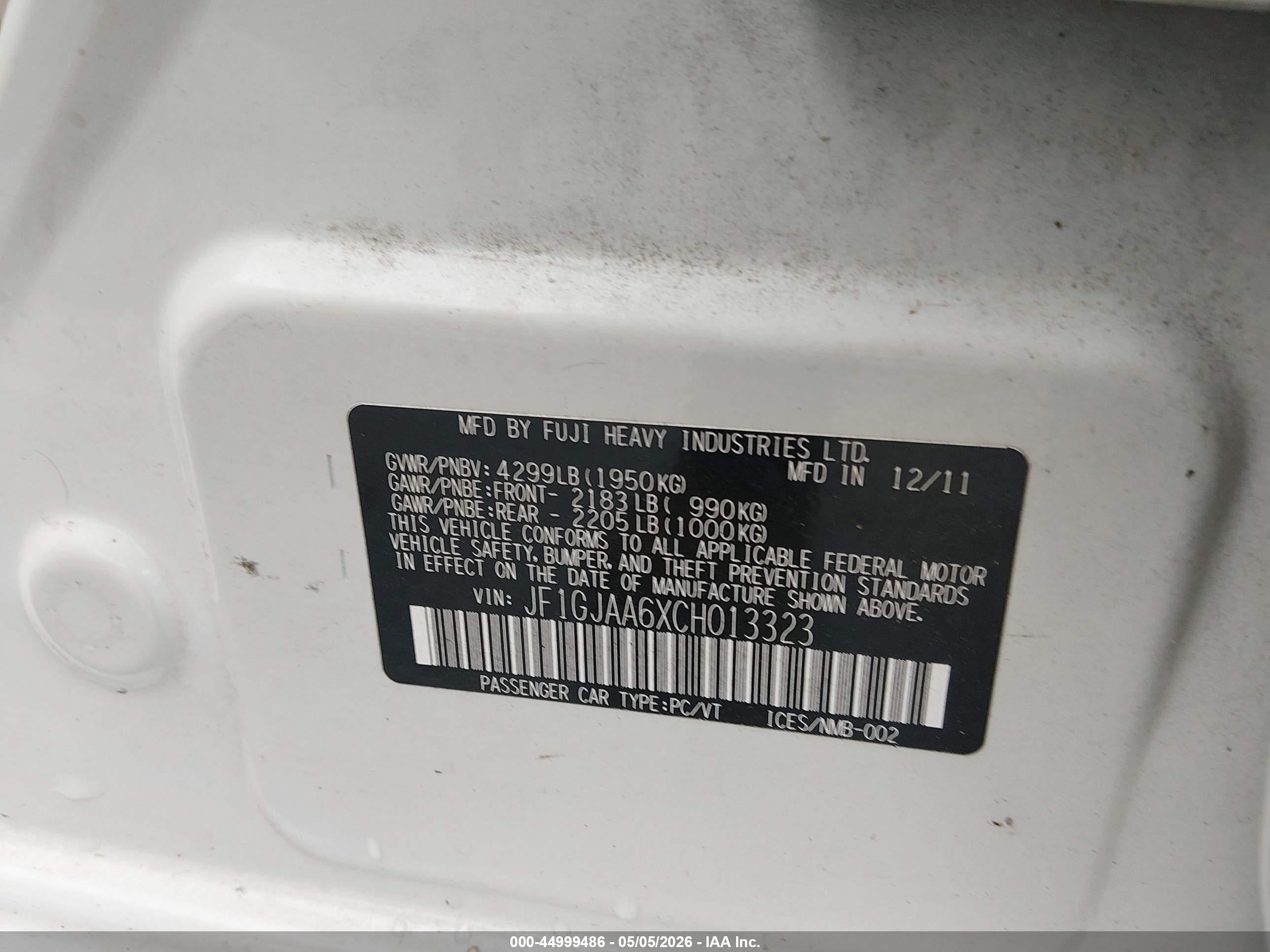 2012 Subaru Impreza 2.0i Белый vin: JF1GJAA6XCH013323