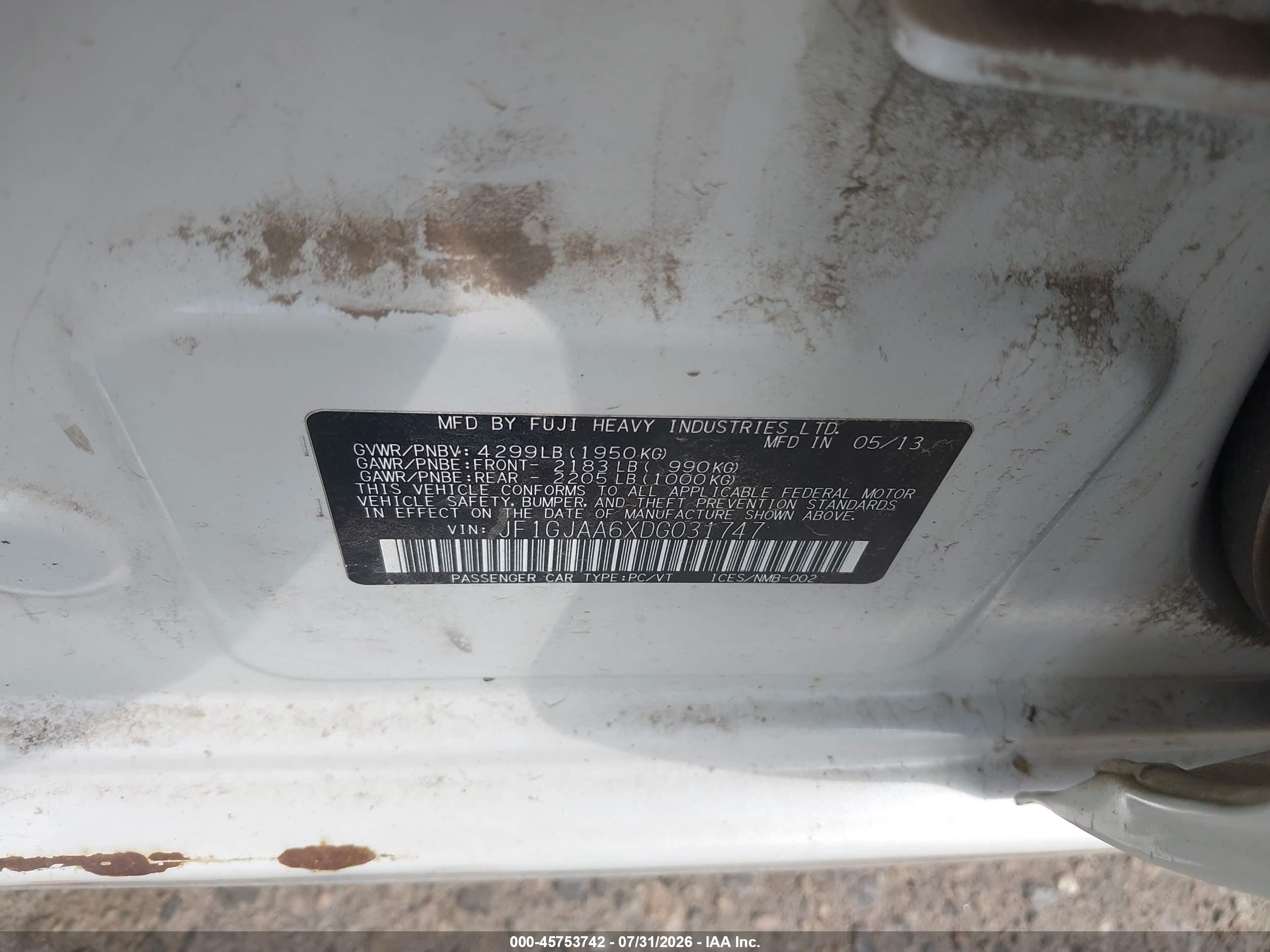 2013 Subaru Impreza 2.0i White vin: JF1GJAA6XDG031747