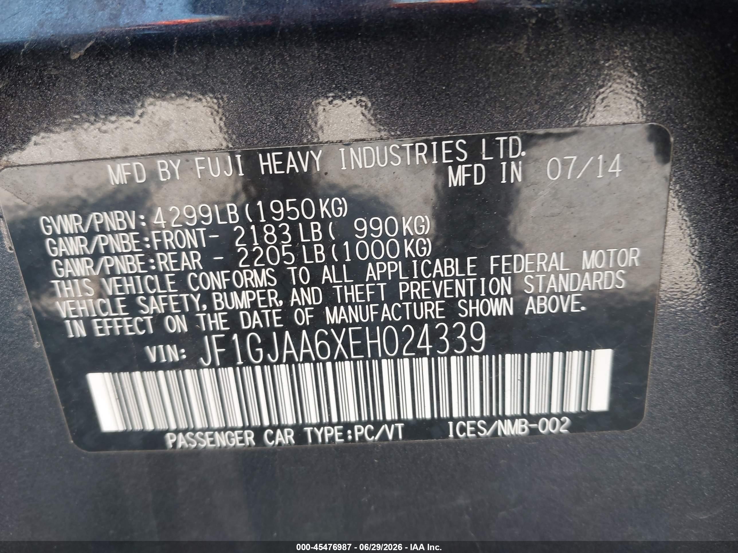 2014 Subaru Impreza 2.0i Gray vin: JF1GJAA6XEH024339