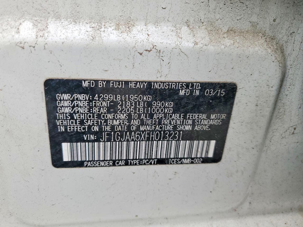 2015 Subaru Impreza White vin: JF1GJAA6XFH013231