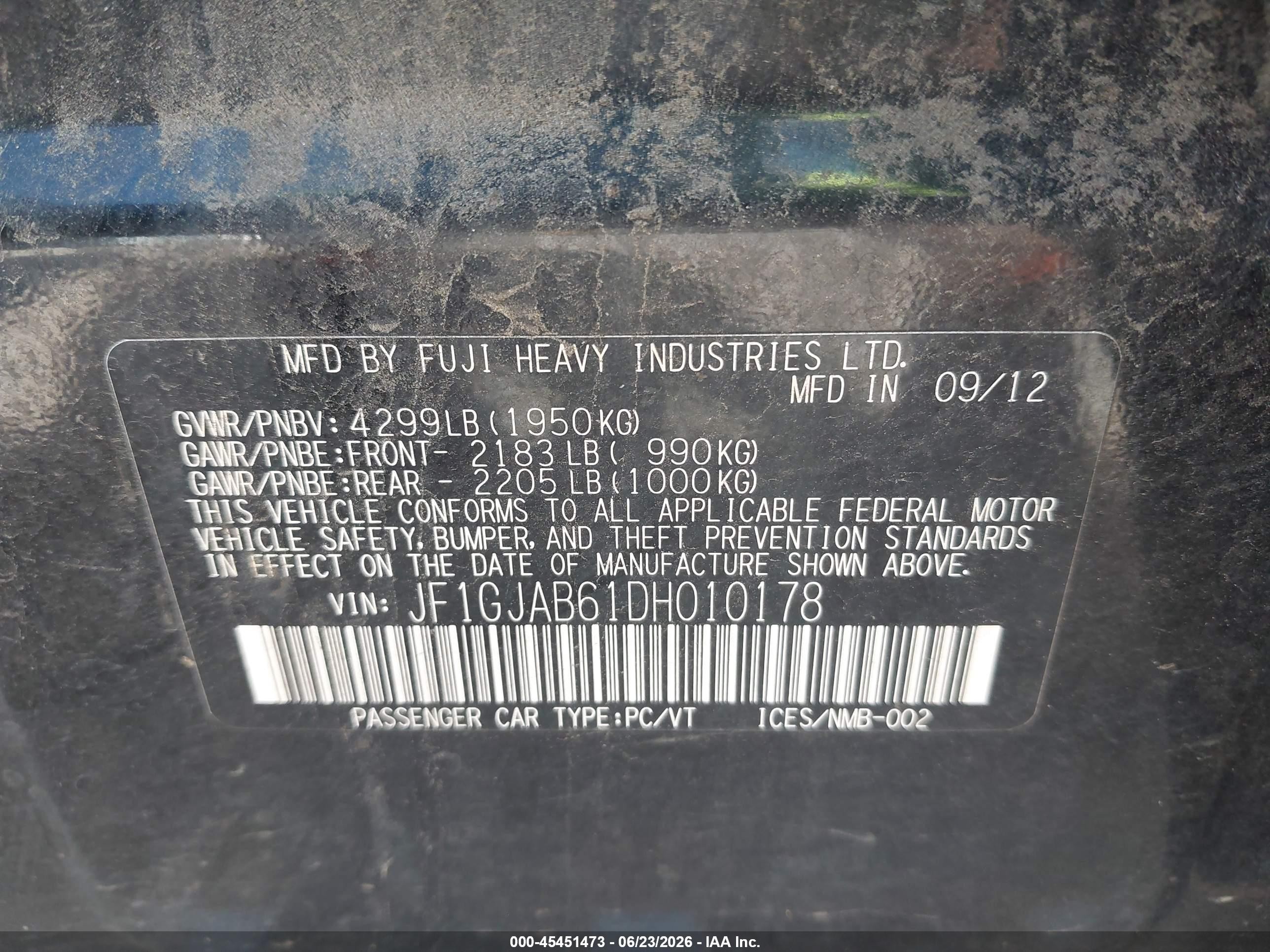 2013 Subaru Impreza 2.0i Premium Black vin: JF1GJAB61DH010178