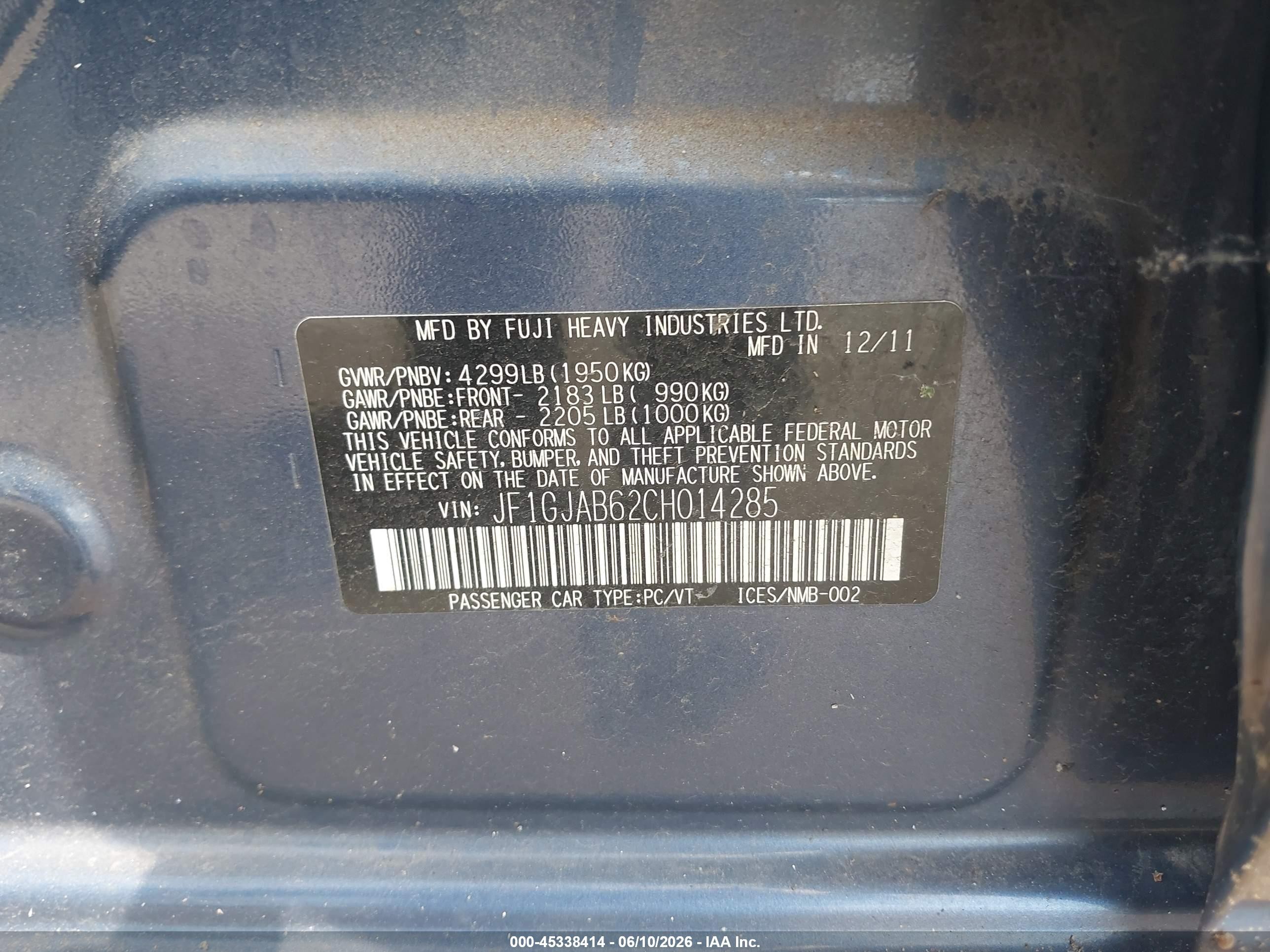 2012 Subaru Impreza 2.0i Premium Blue vin: JF1GJAB62CH014285