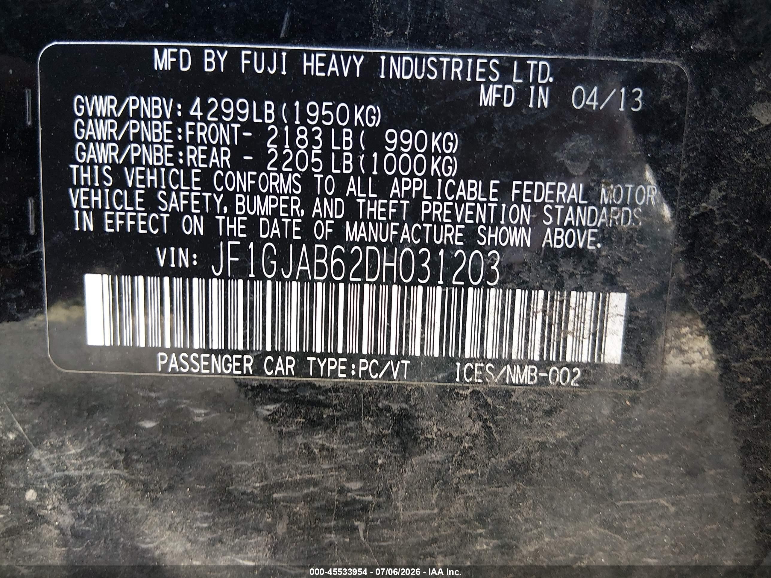 2013 Subaru Impreza 2.0i Premium Black vin: JF1GJAB62DH031203