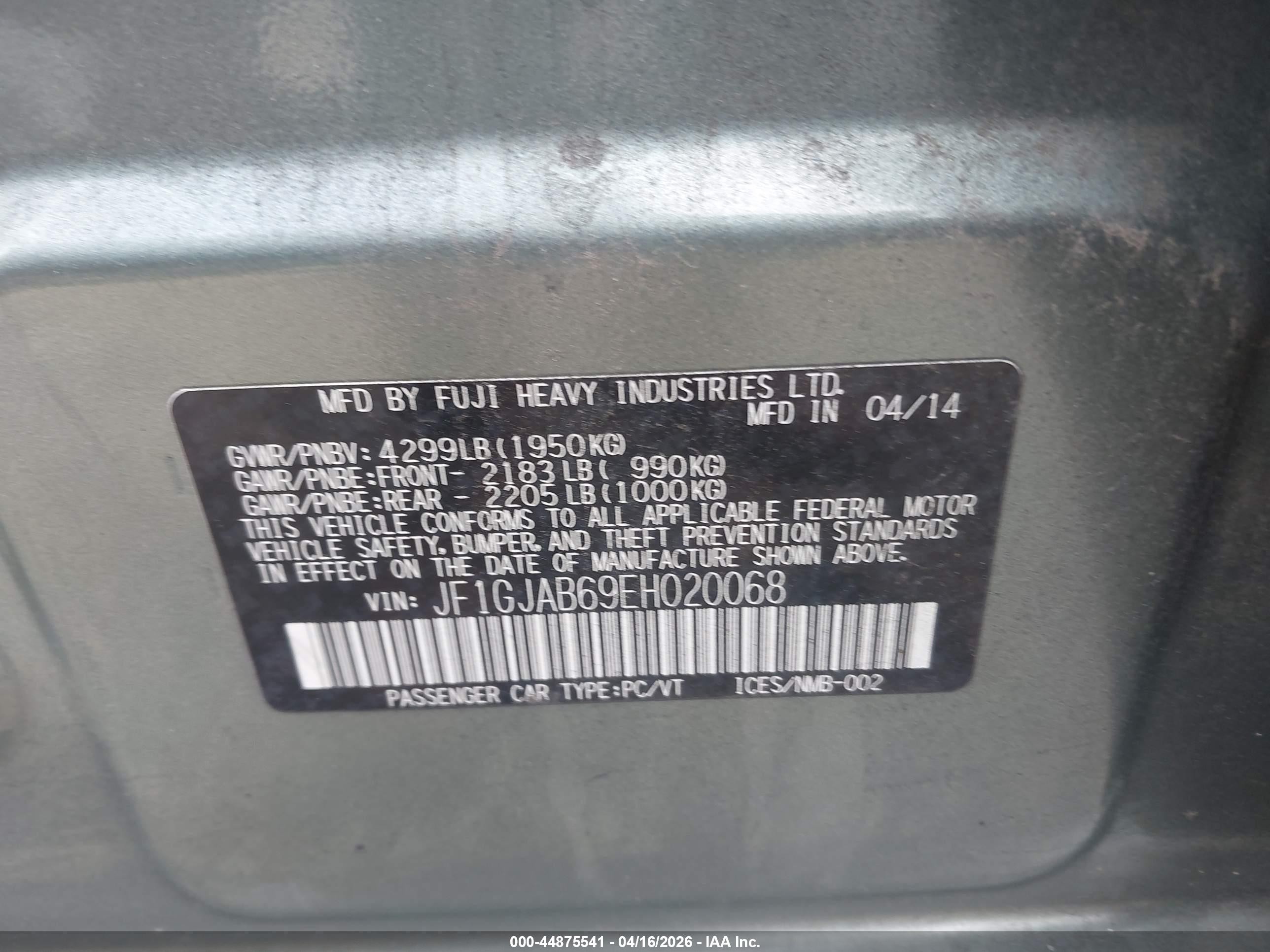 2014 Subaru Impreza 2.0i Premium Зеленый vin: JF1GJAB69EH020068