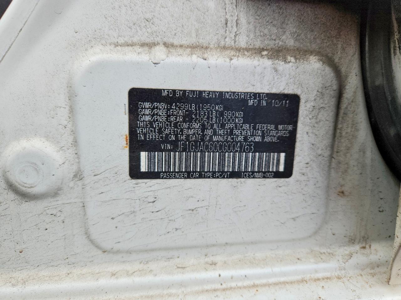 2012 Subaru Impreza Premium White vin: JF1GJAC60CG004763