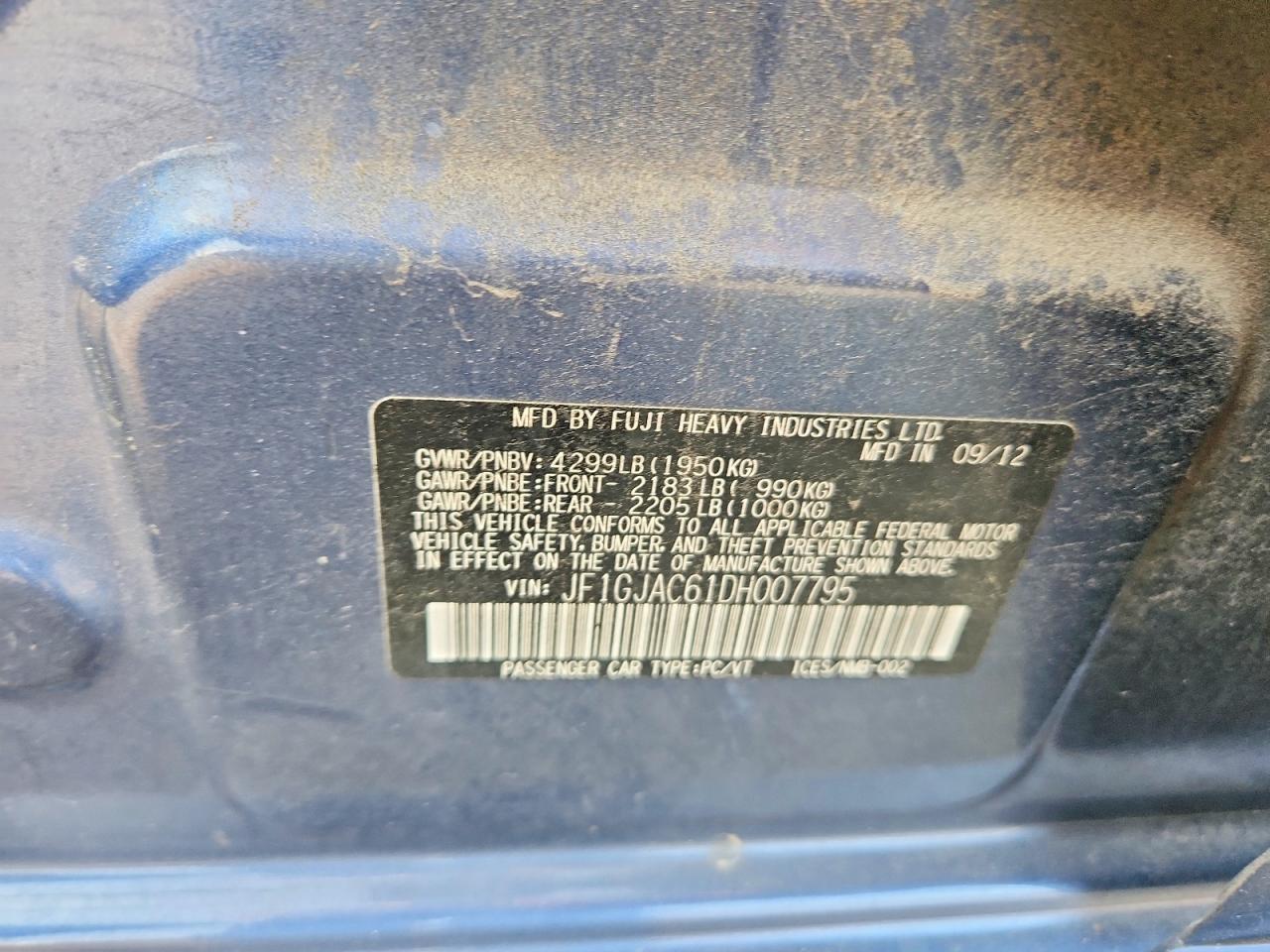 2013 Subaru Impreza Premium Blue vin: JF1GJAC61DH007795