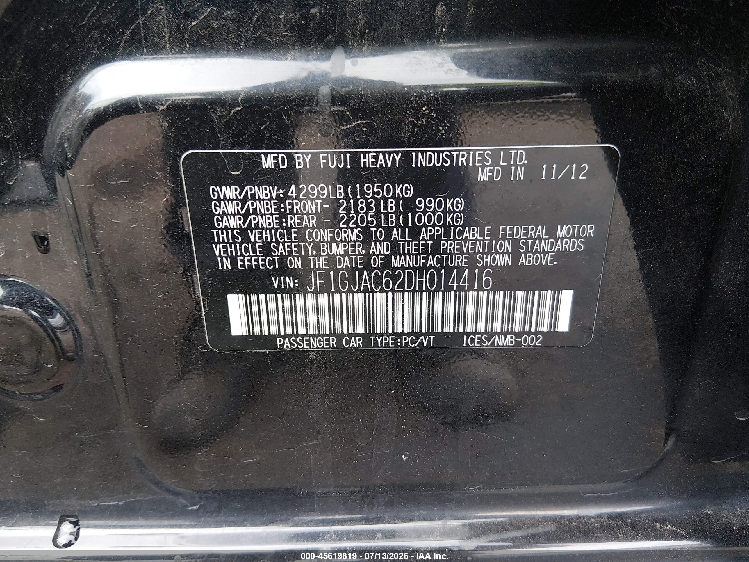 2013 Subaru Impreza 2.0i Premium Black vin: JF1GJAC62DH014416