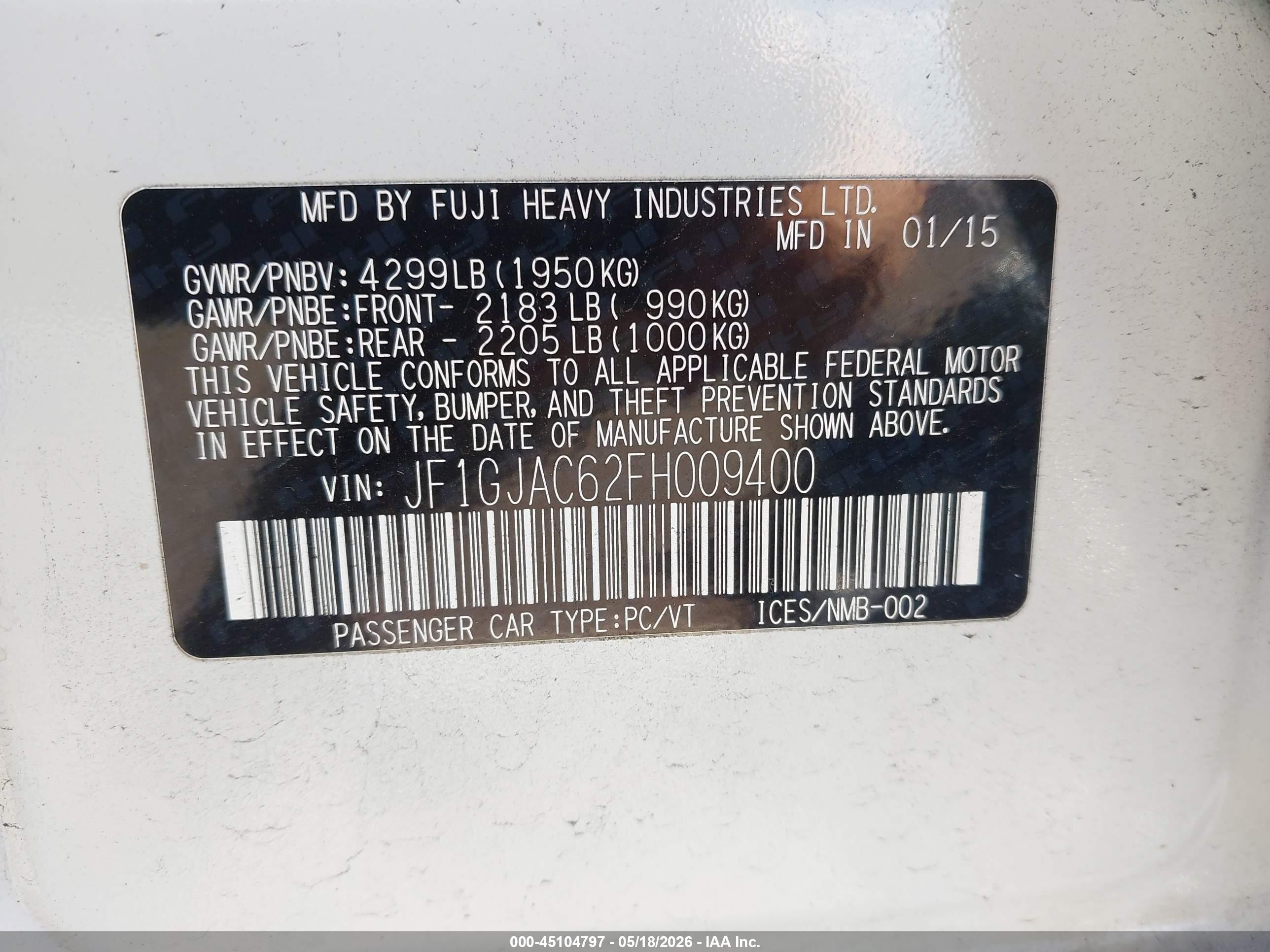2015 Subaru Impreza 2.0i Premium White vin: JF1GJAC62FH009400