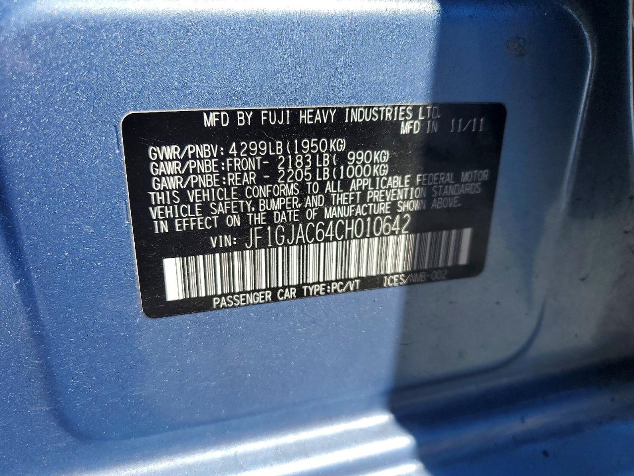 2012 Subaru Impreza Premium Blue vin: JF1GJAC64CH010642