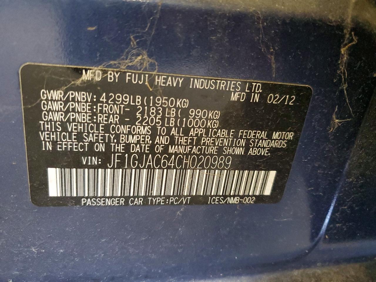 2012 Subaru Impreza Premium Blue vin: JF1GJAC64CH020989