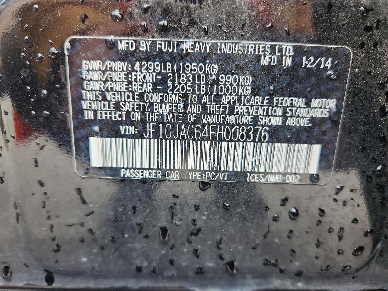 2015 Subaru Impreza Premium Black vin: JF1GJAC64FH008376