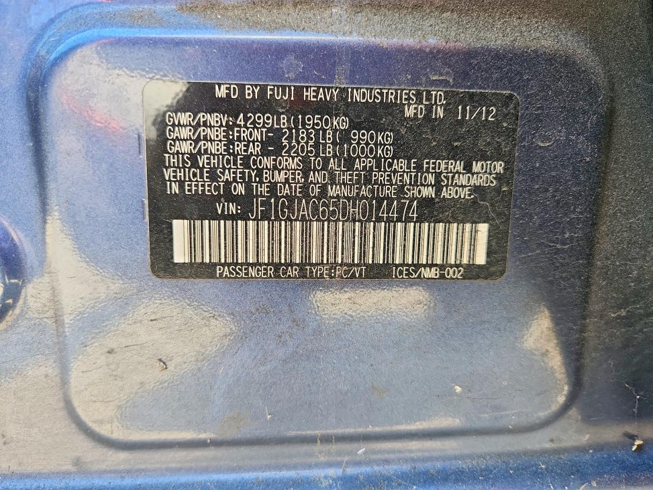 2013 Subaru Impreza Premium Blue vin: JF1GJAC65DH014474