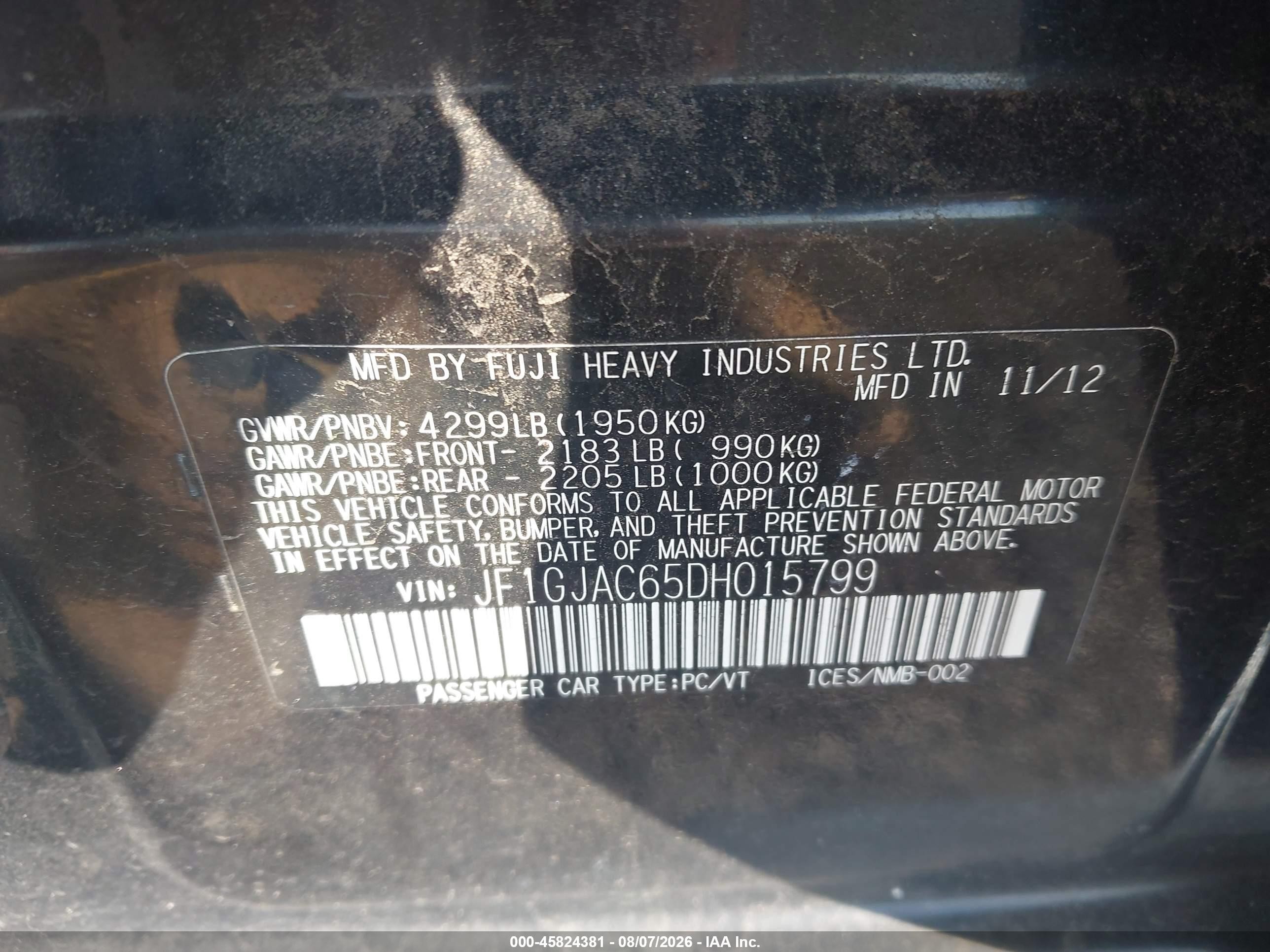 2013 Subaru Impreza 2.0i Premium Black vin: JF1GJAC65DH015799