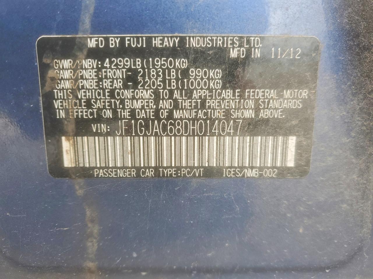 2013 Subaru Impreza Premium Blue vin: JF1GJAC68DH014047