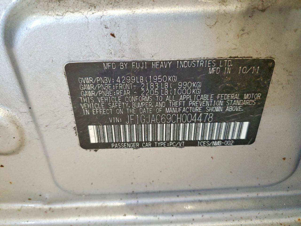 2012 Subaru Impreza Premium Silver vin: JF1GJAC69CH004478