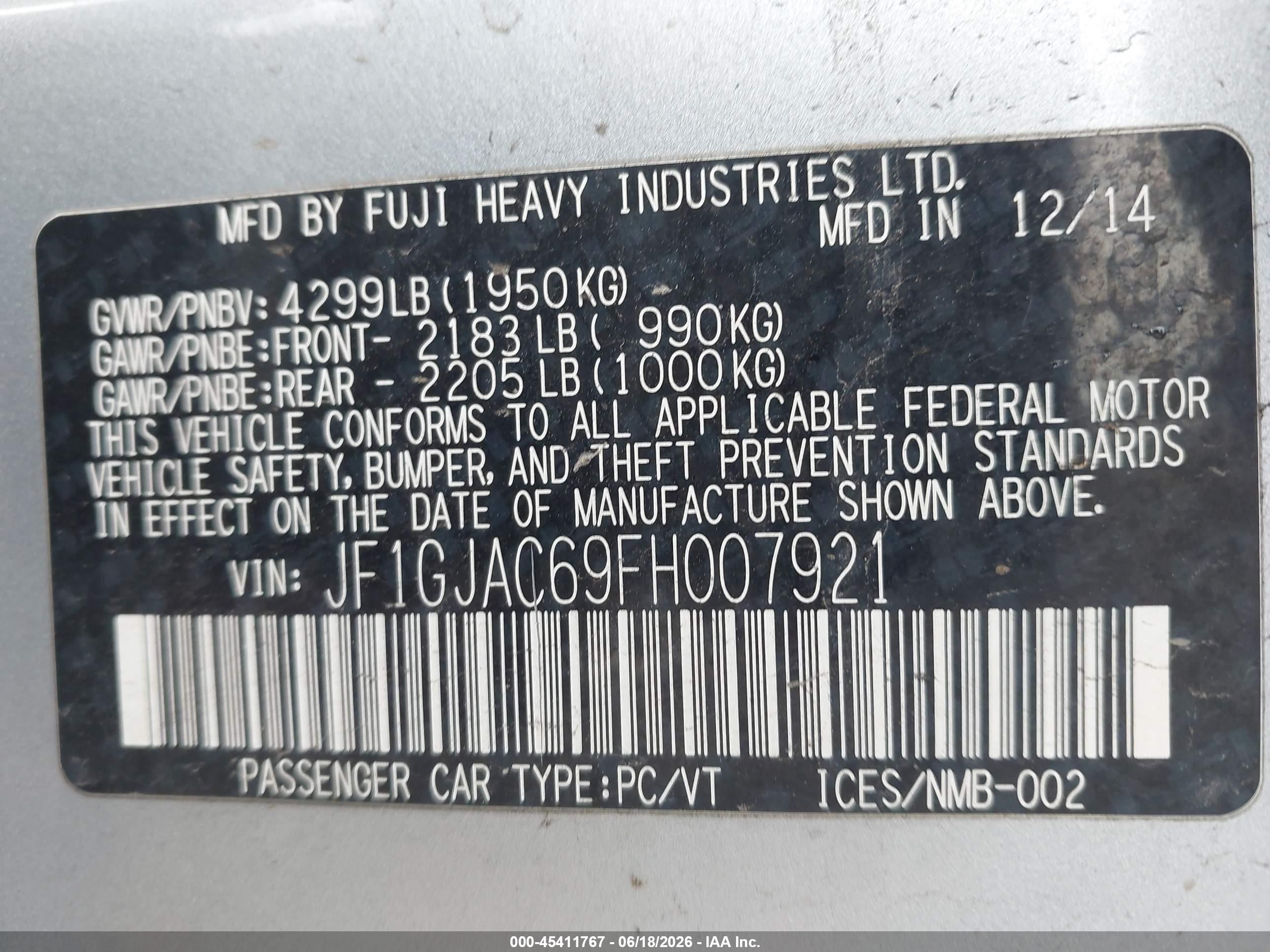 2015 Subaru Impreza 2.0i Premium Silver vin: JF1GJAC69FH007921