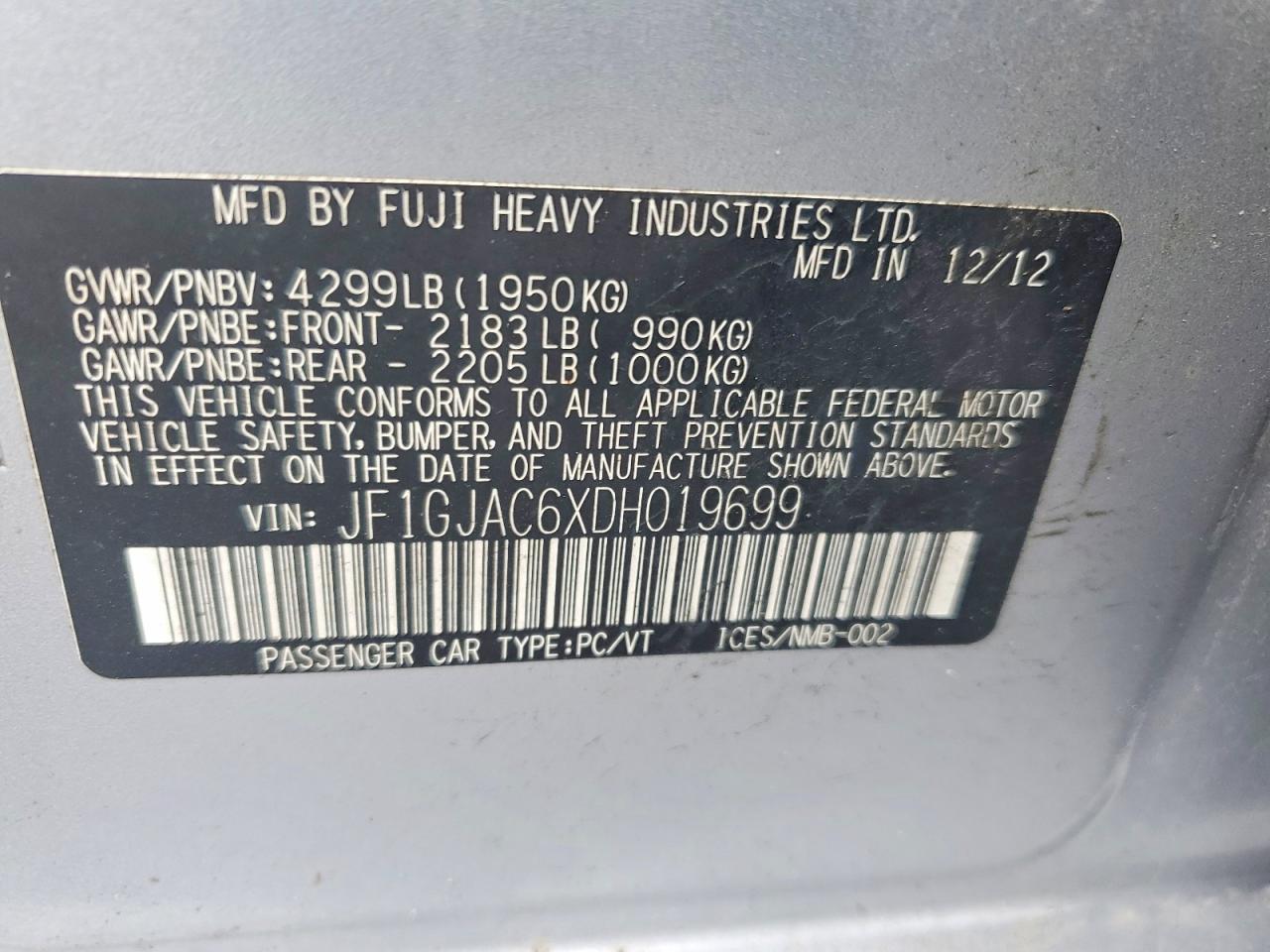 2013 Subaru Impreza Premium Silver vin: JF1GJAC6XDH019699
