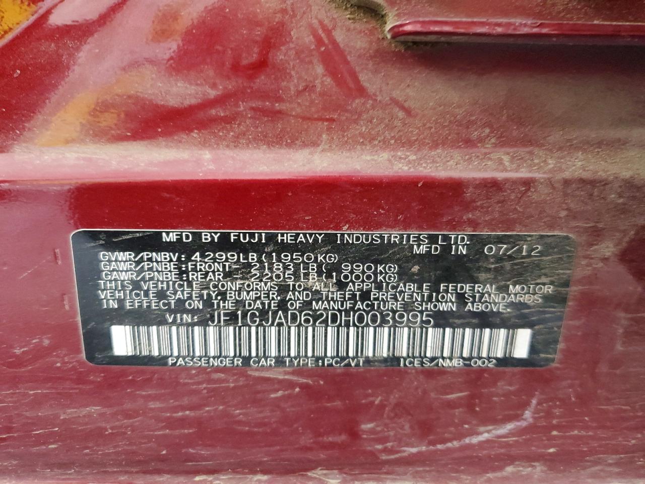 2013 Subaru Impreza Premium Red vin: JF1GJAD62DH003995