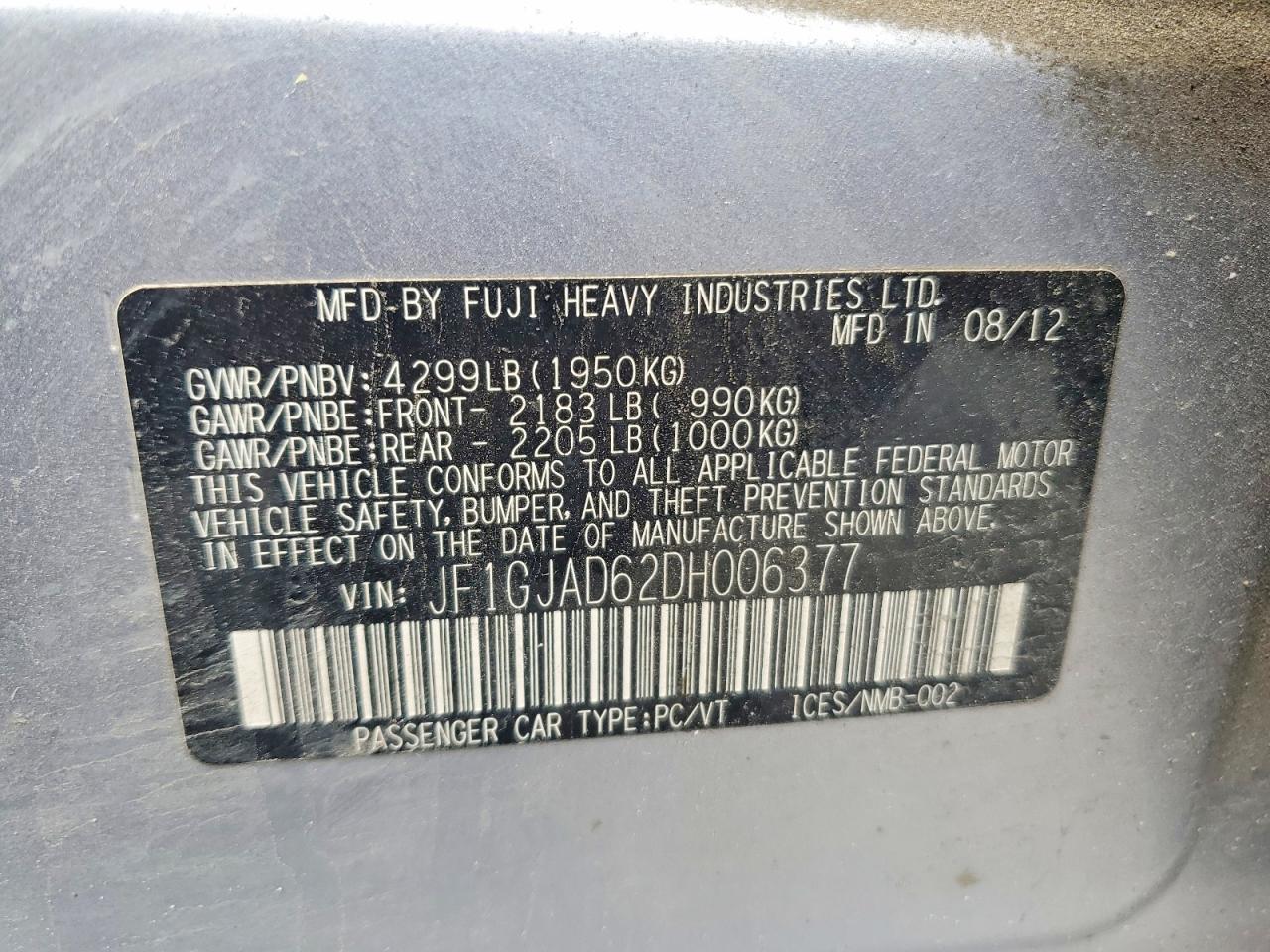 2013 Subaru Impreza 2.5 Gt Silver vin: JF1GJAD62DH006377