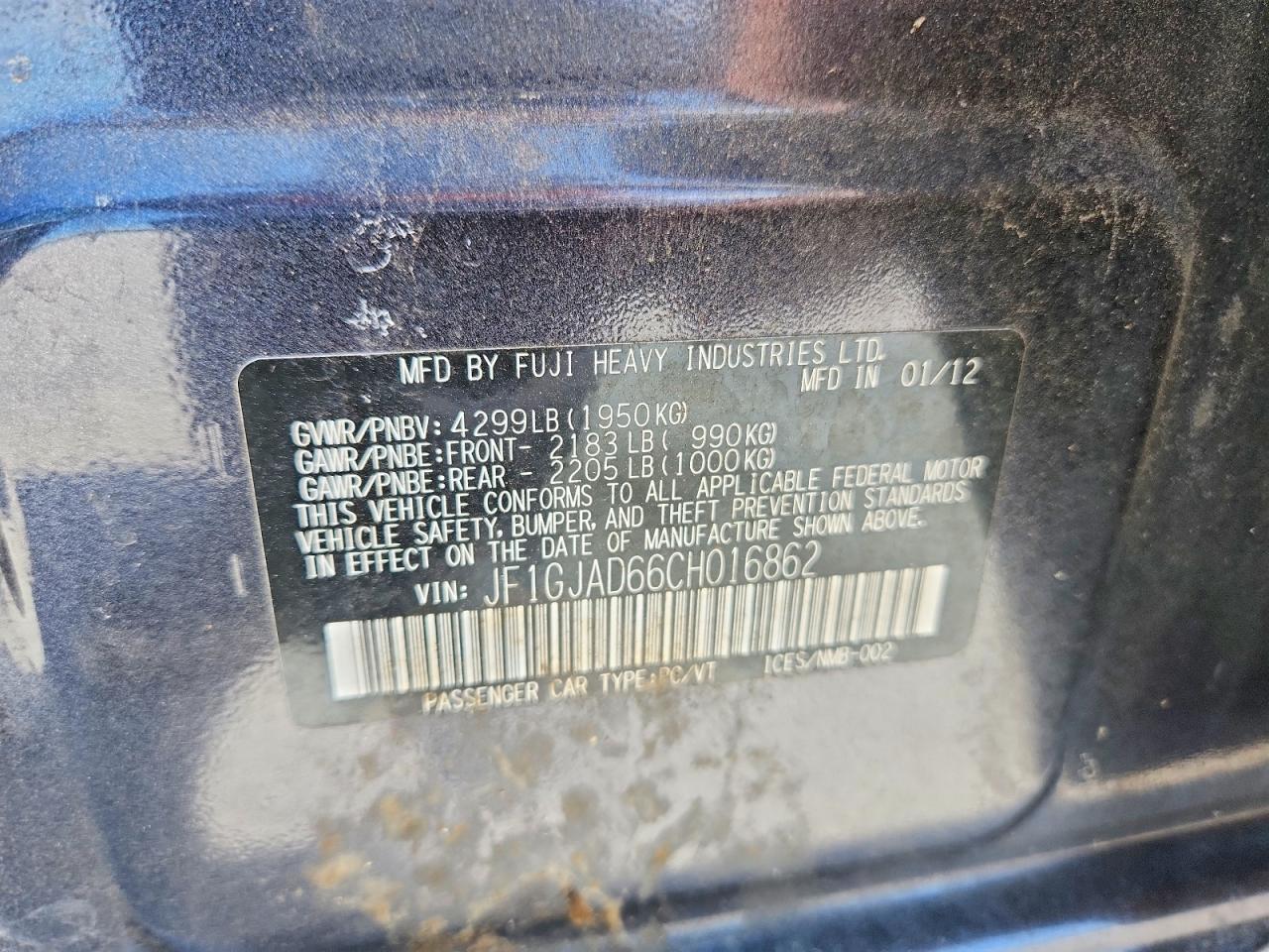 2012 Subaru Impreza Premium Black vin: JF1GJAD66CH016862